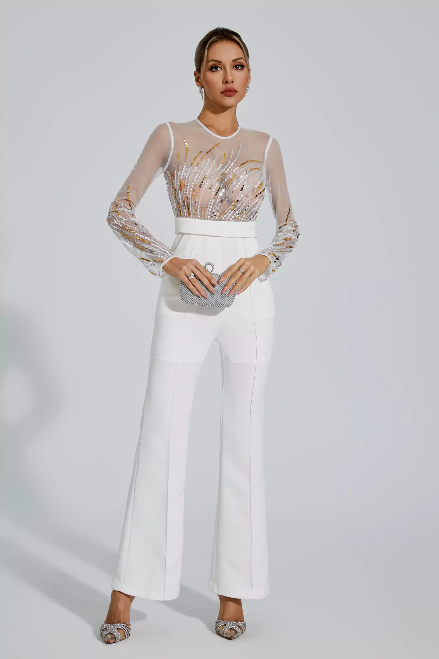 Jaycee White Sequin Mesh Jumpsuit-CATCHALL