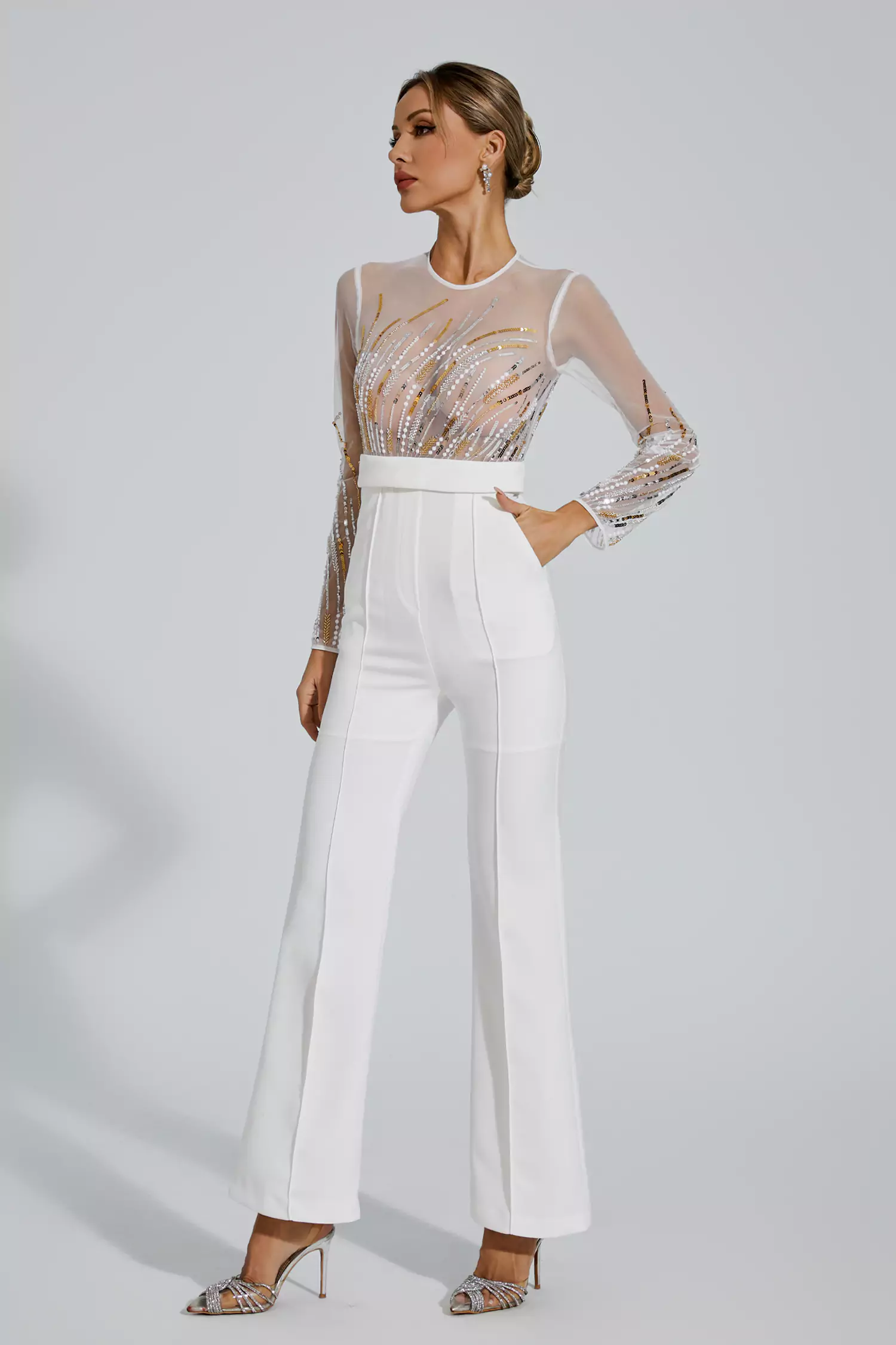 Jaycee White Sequin Mesh Jumpsuit-CATCHALL
