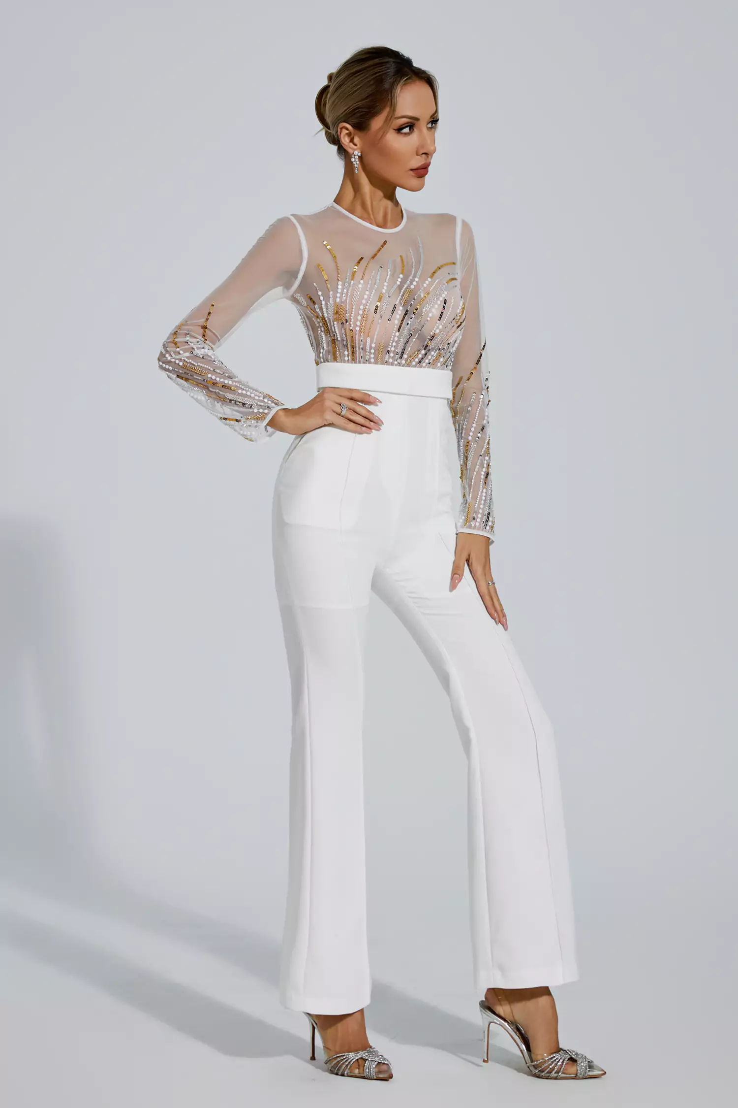 Jaycee White Sequin Mesh Jumpsuit-CATCHALL