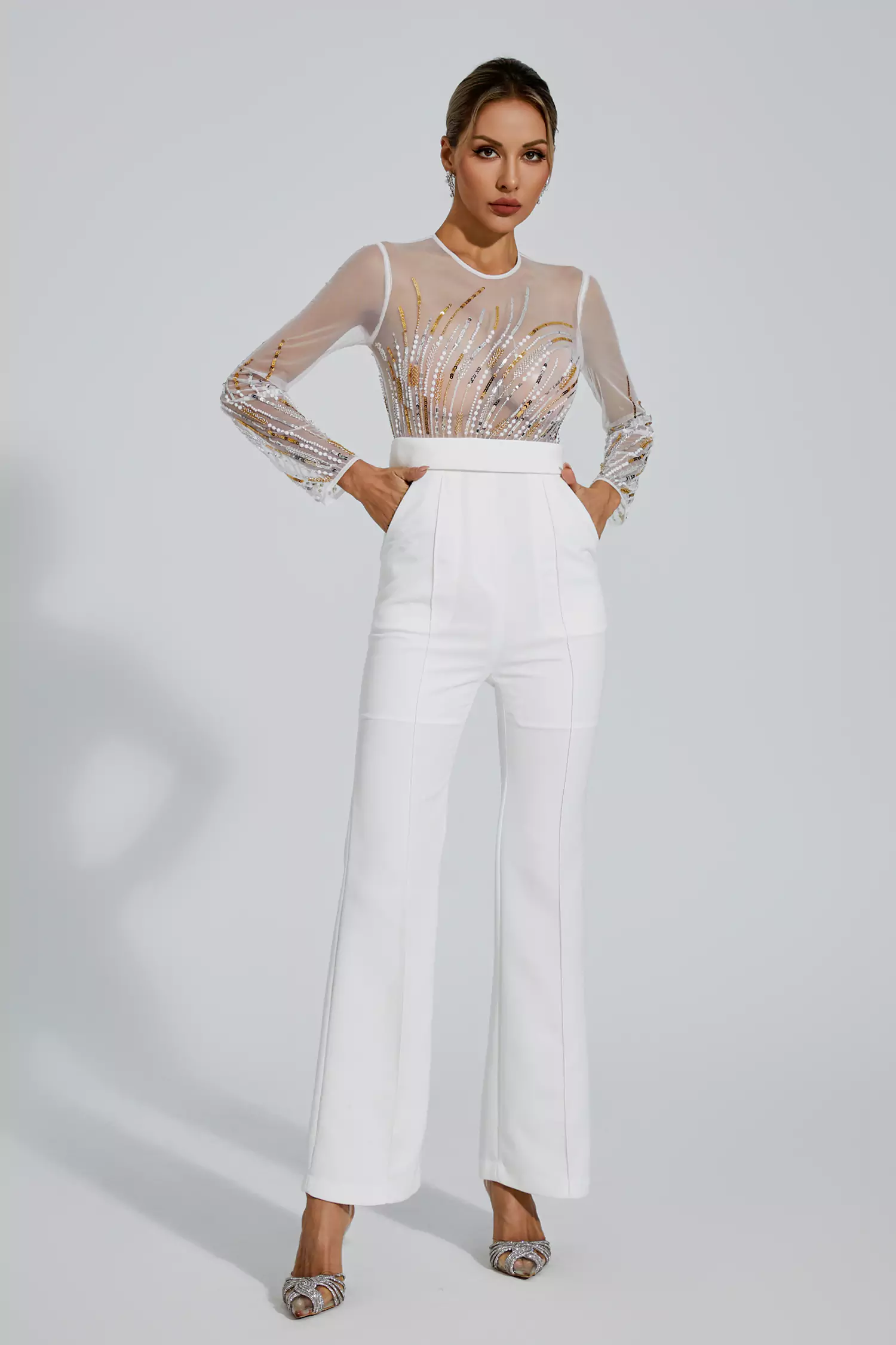 Jaycee White Sequin Mesh Jumpsuit-CATCHALL