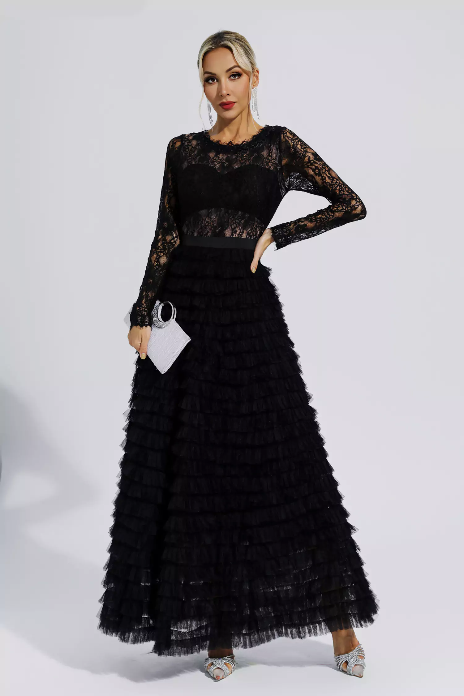 Jayleen Black Hollow Lace A-line Maxi Dress