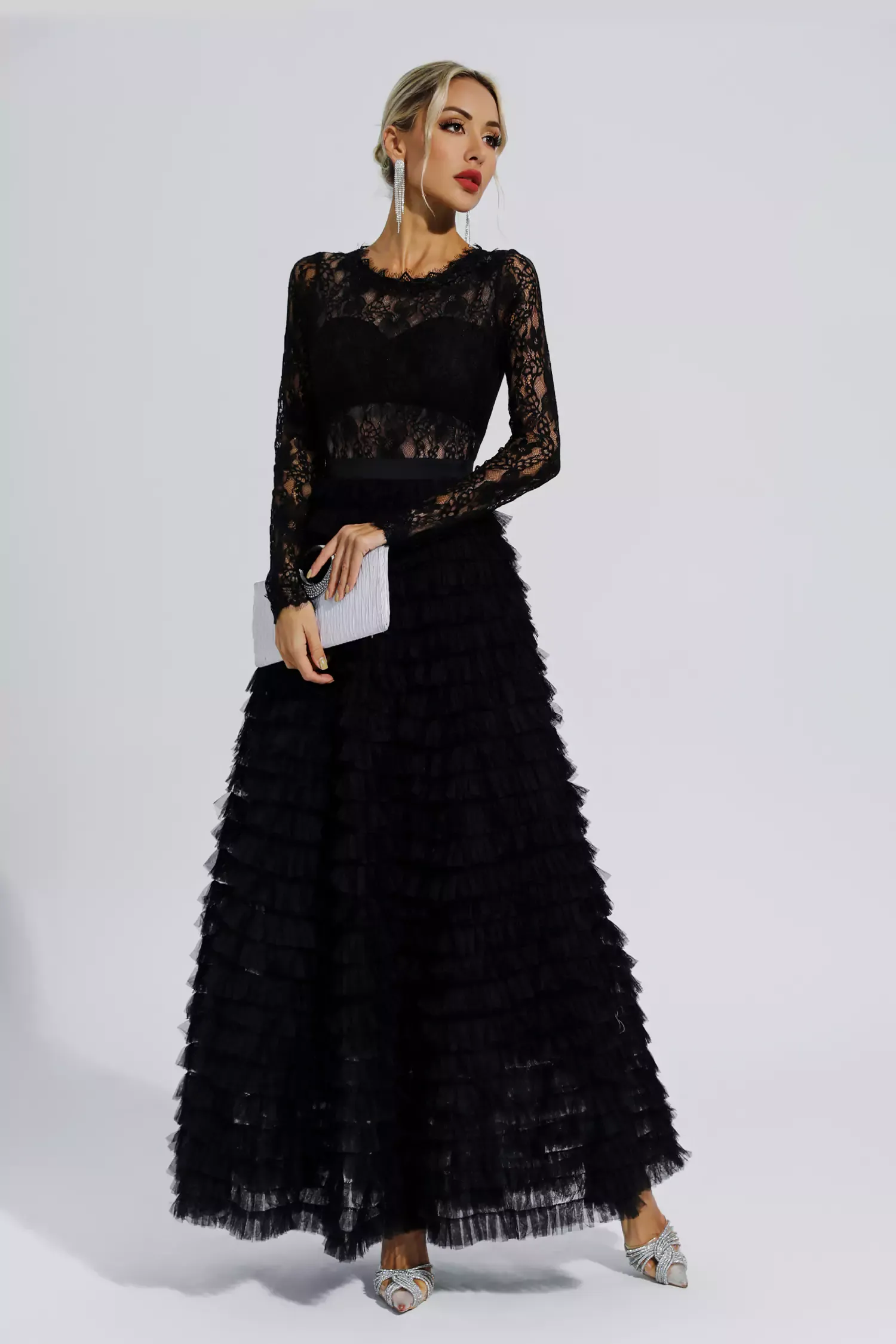 Jayleen Black Hollow Lace A-line Maxi Dress