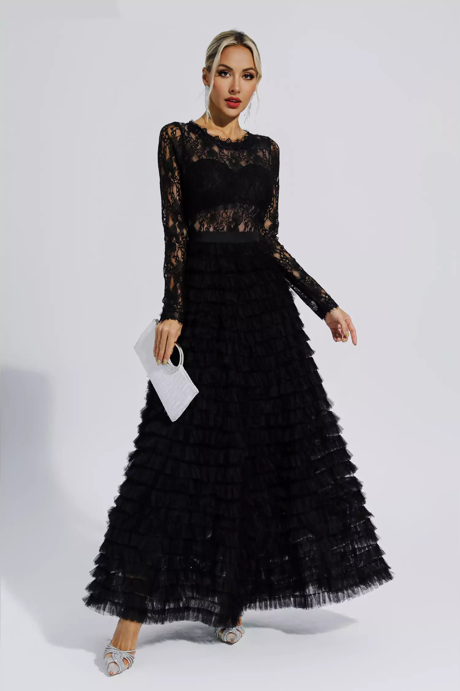 Jayleen Black Hollow Lace A-line Maxi Dress-CATCHALL