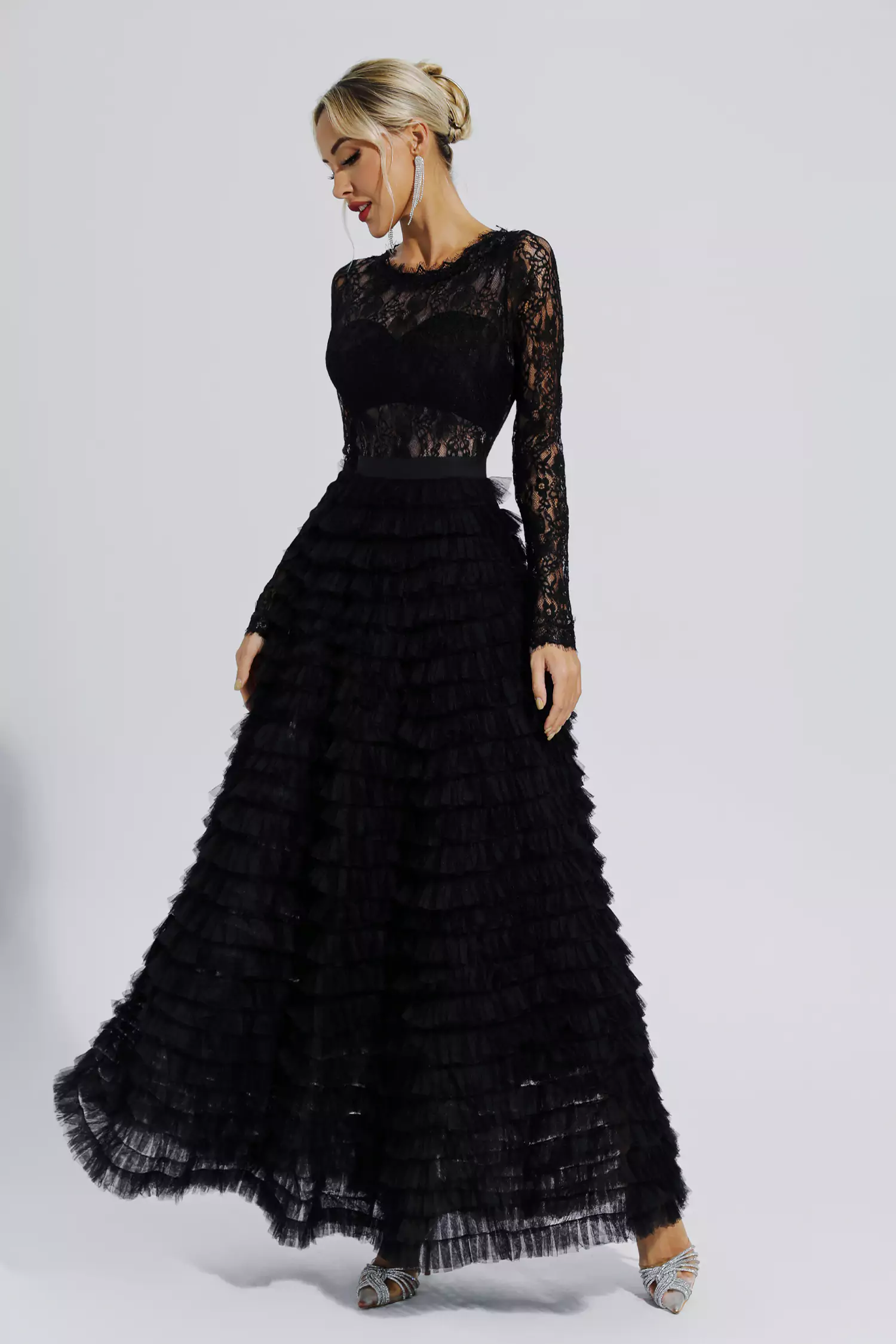 Jayleen Black Hollow Lace A-line Maxi Dress-CATCHALL