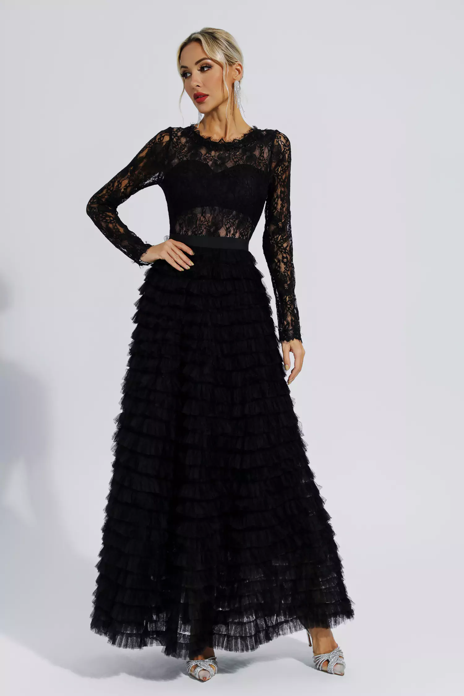Jayleen Black Hollow Lace A-line Maxi Dress-CATCHALL