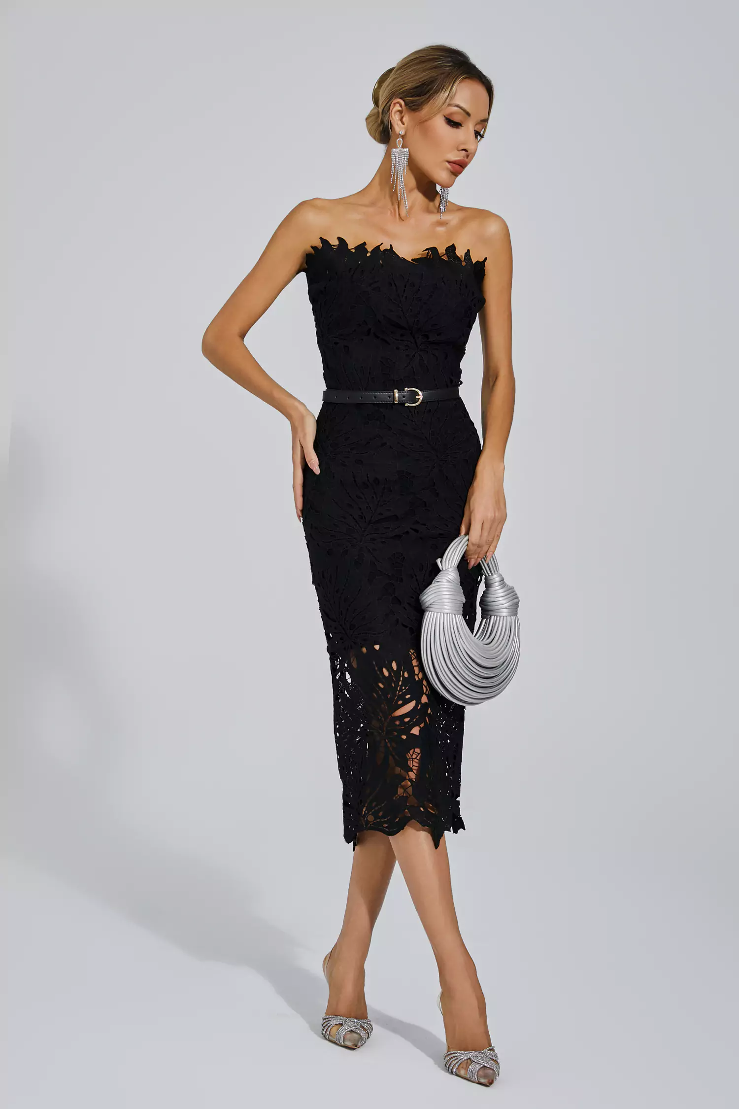 Jazlyn Black Floral Lace Midi Dress-CATCHALL