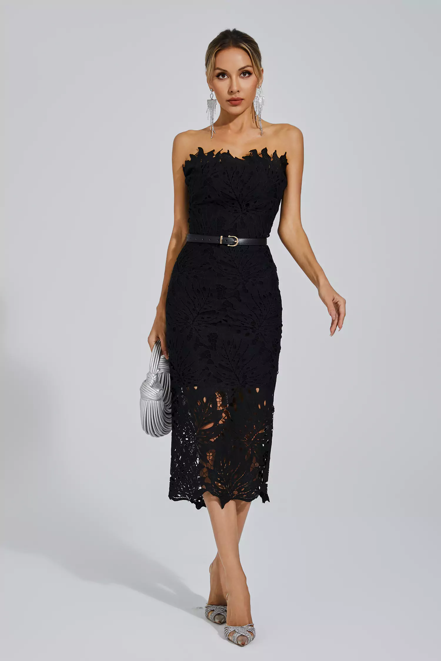 Jazlyn Black Floral Lace Midi Dress-CATCHALL