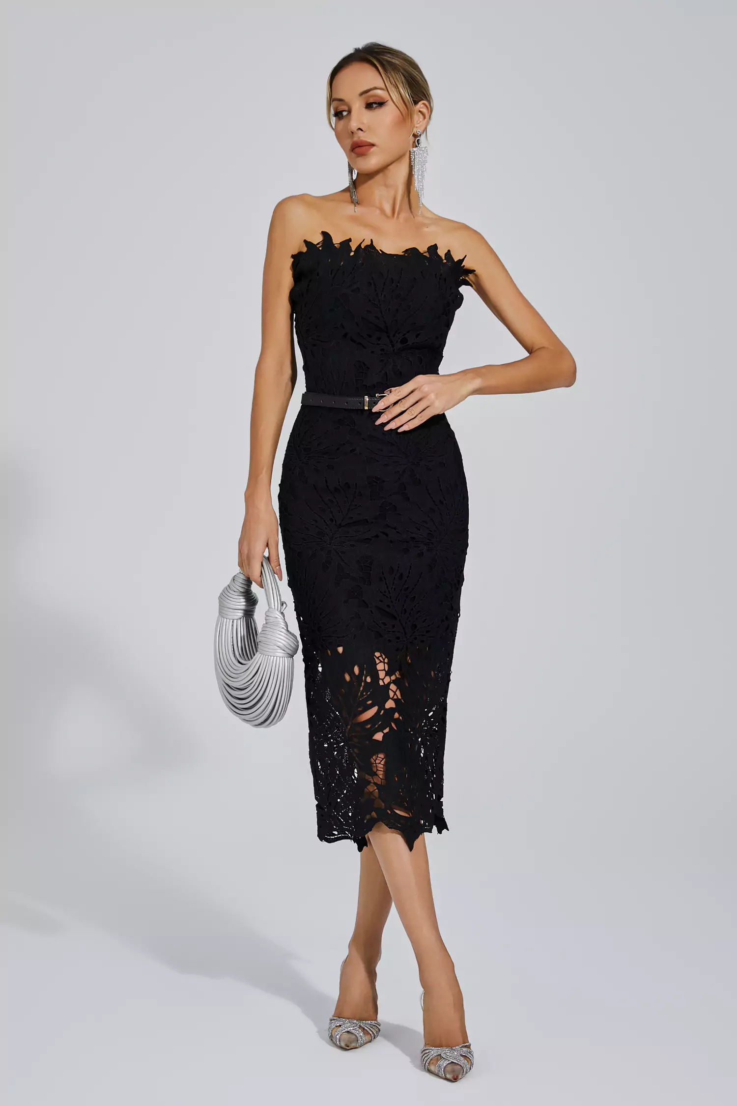 Jazlyn Black Floral Lace Midi Dress-CATCHALL