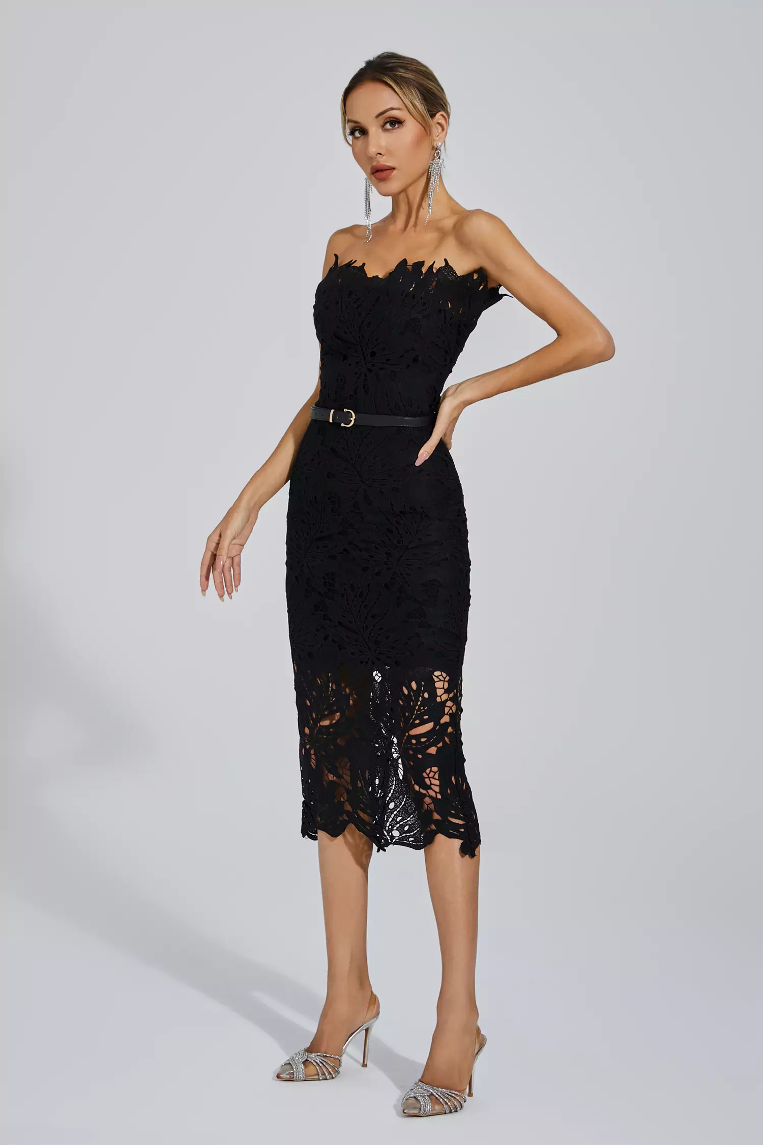 Jazlyn Black Floral Lace Midi Dress-CATCHALL