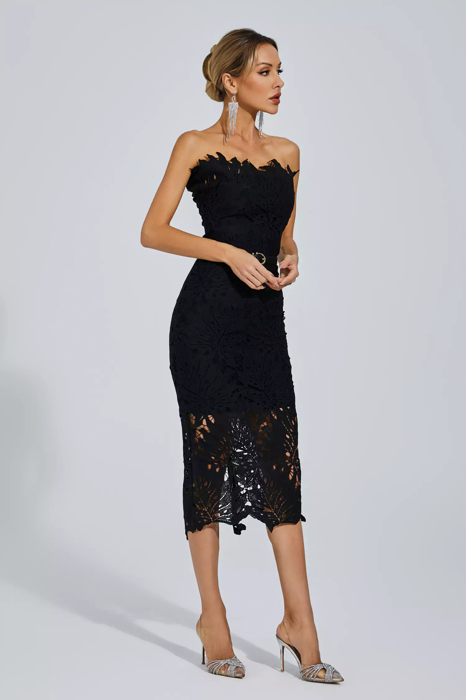 Jazlyn Black Floral Lace Midi Dress-CATCHALL