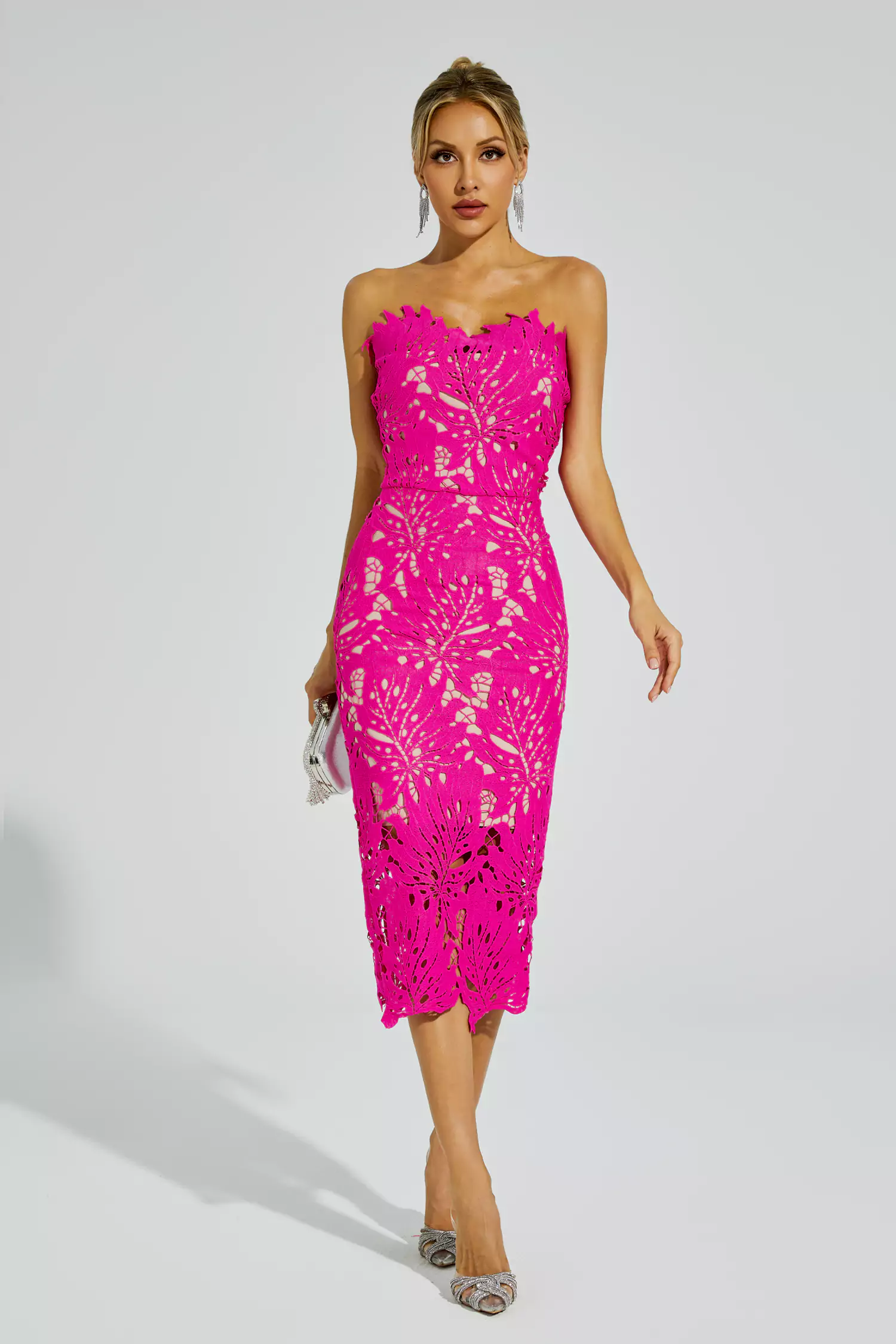 Jazlyn Rose Red Floral Lace Midi Dress-CATCHALL