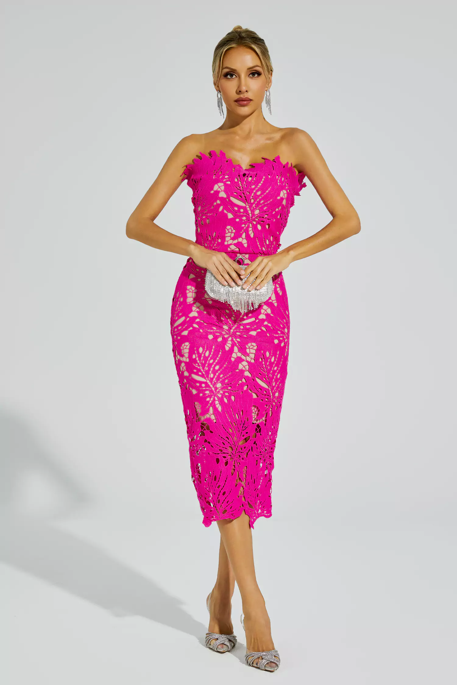 Jazlyn Rose Red Floral Lace Midi Dress-CATCHALL