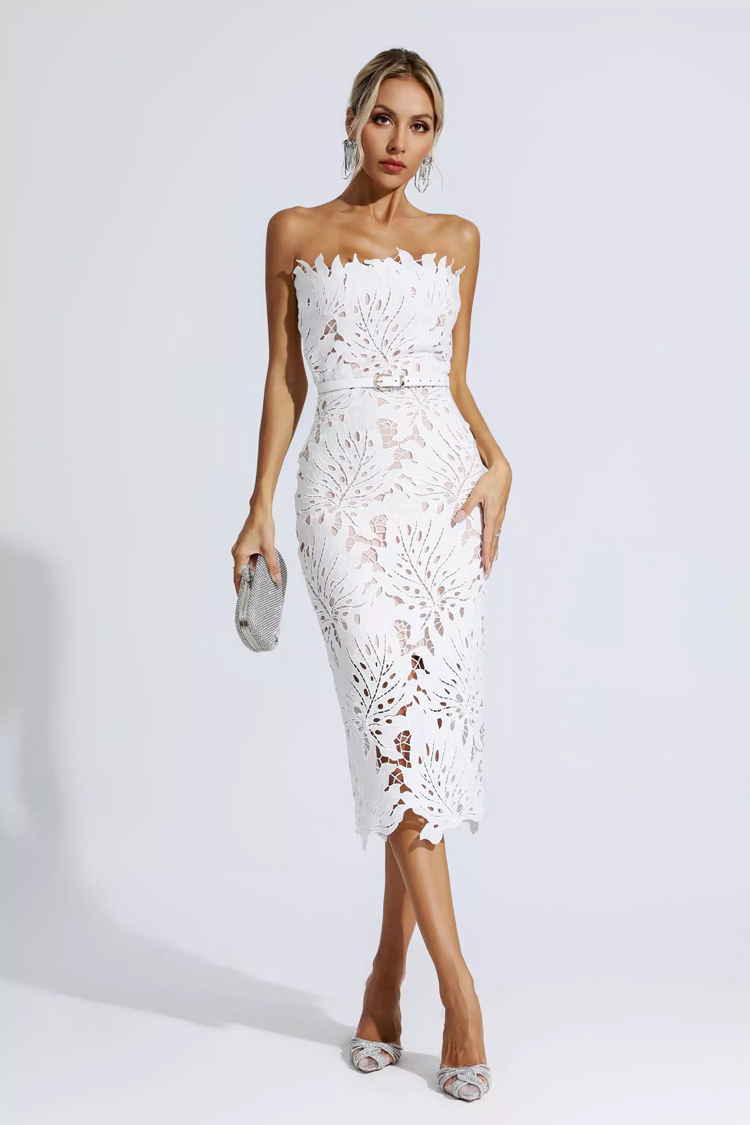 Jazlyn White Floral Lace Midi Dress