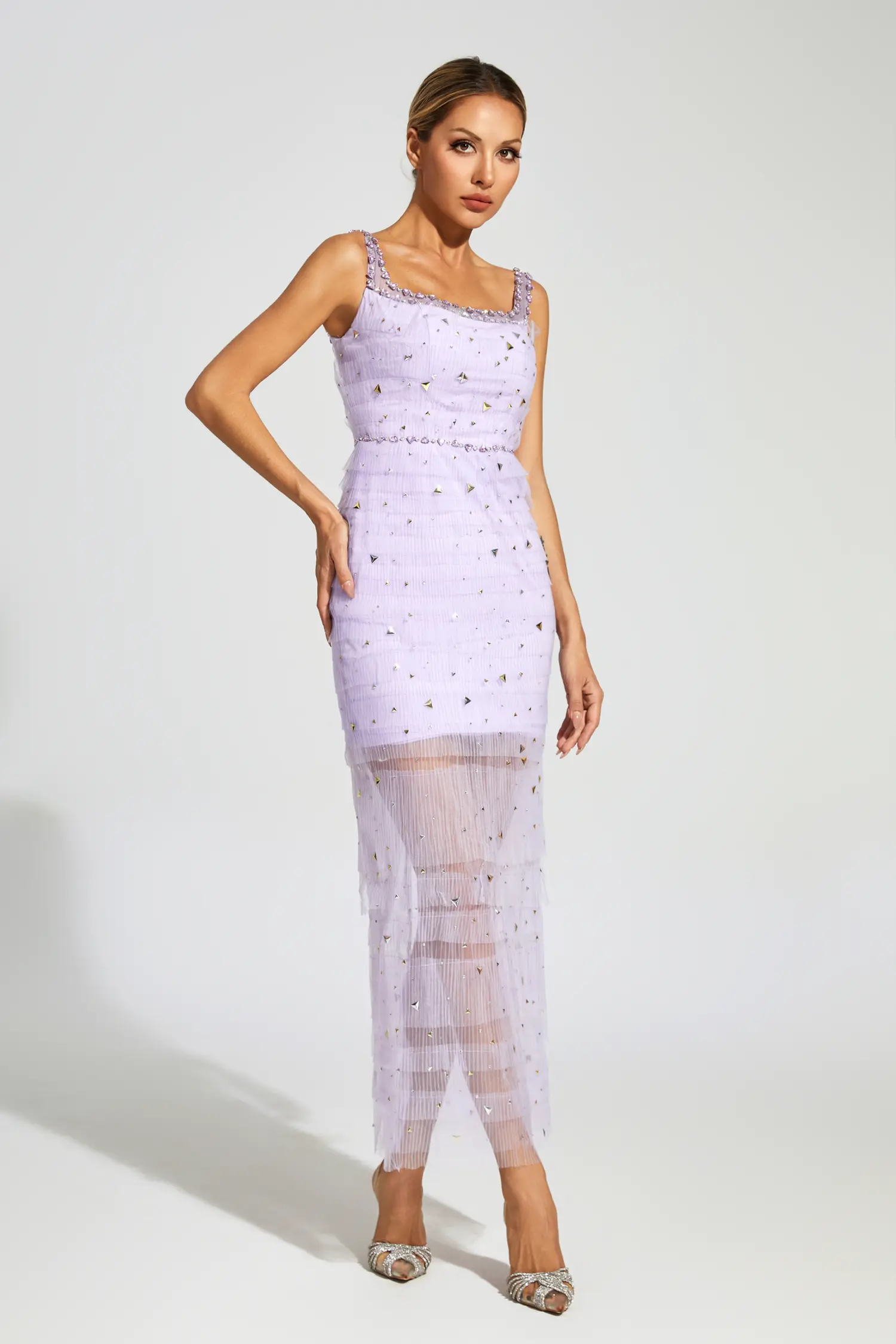 Jennings Purple Diamond Mesh Midi Dress-CATCHALL