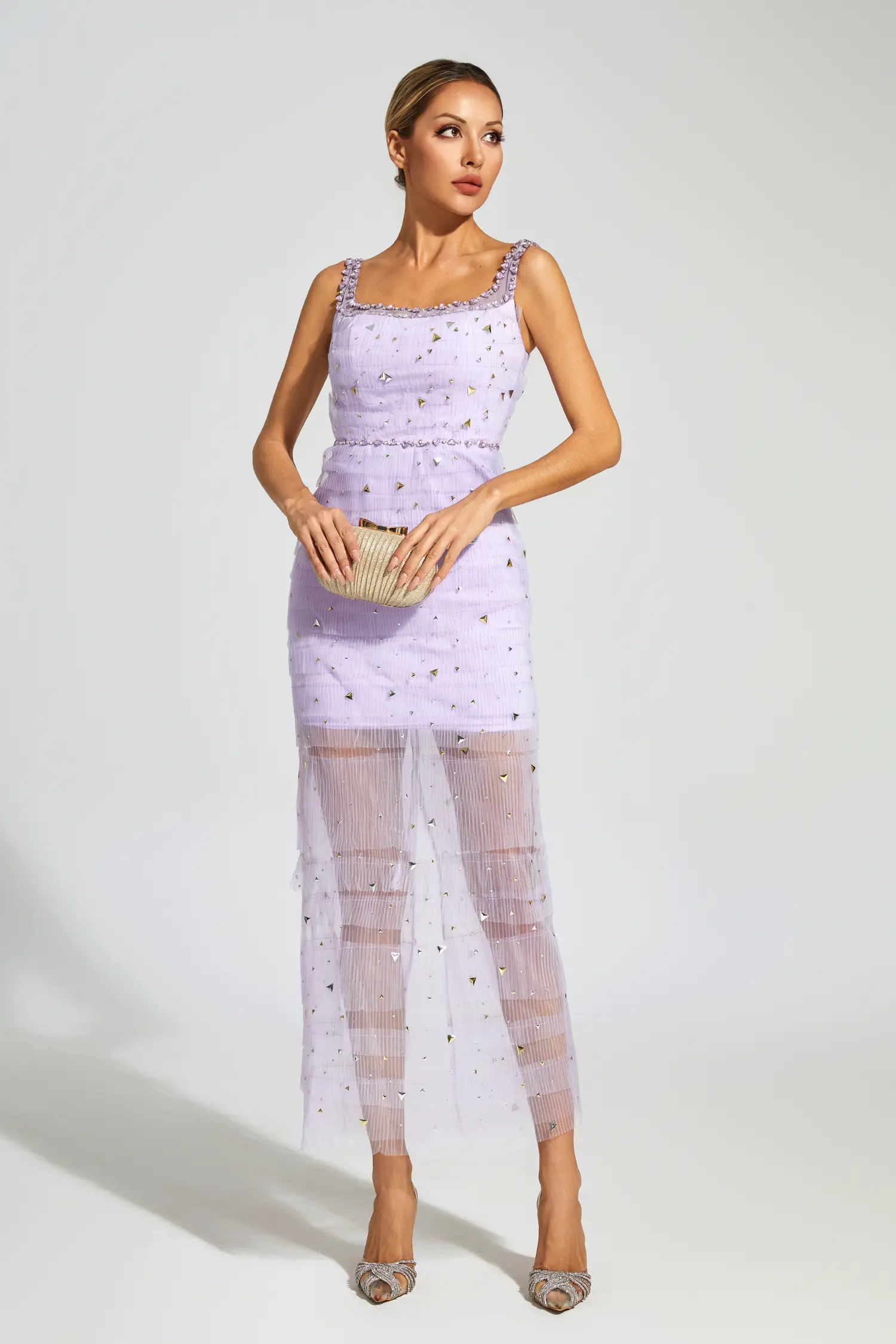 Jennings Purple Diamond Mesh Midi Dress-CATCHALL
