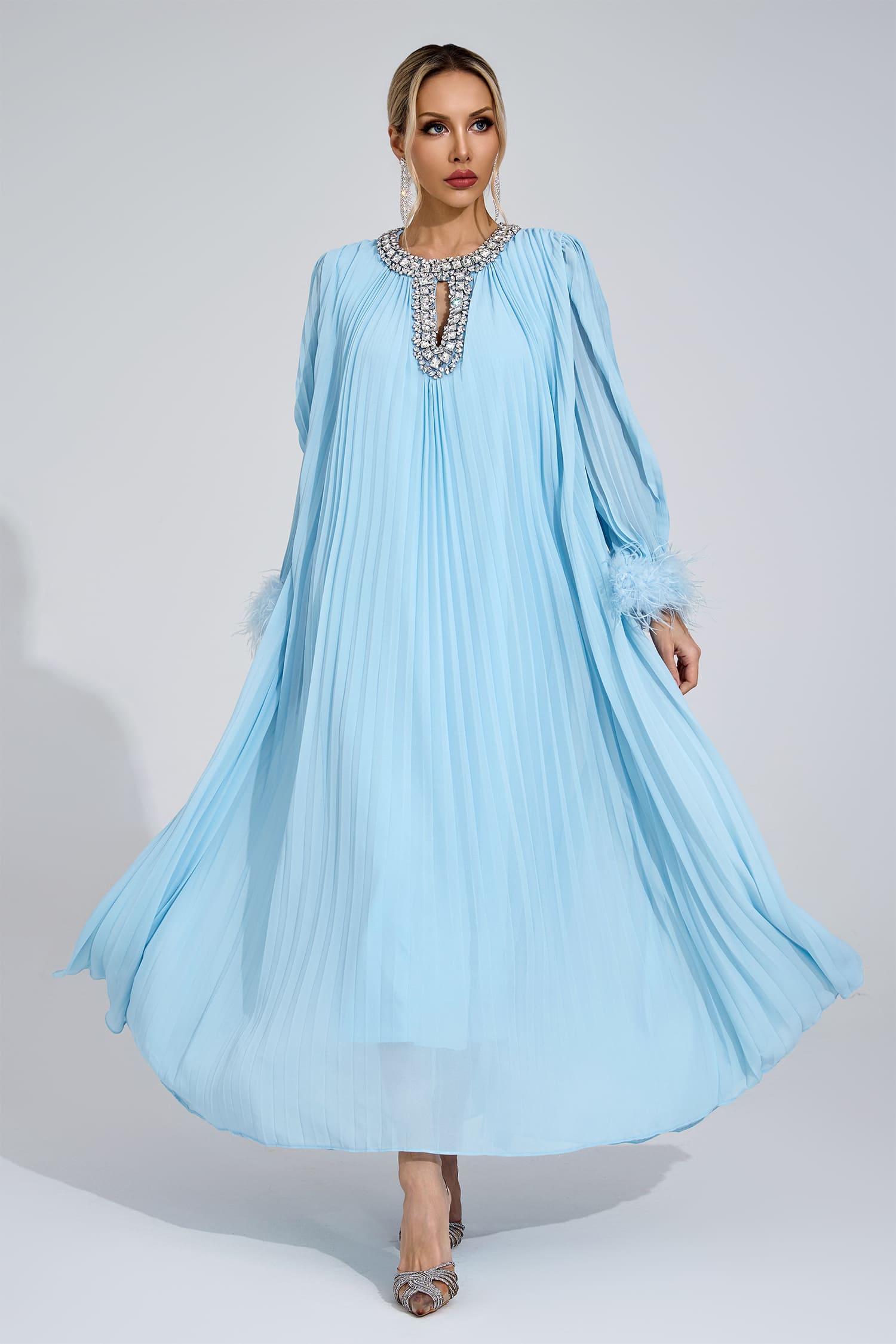 Jocasta Blue Feather Maxi Dress
