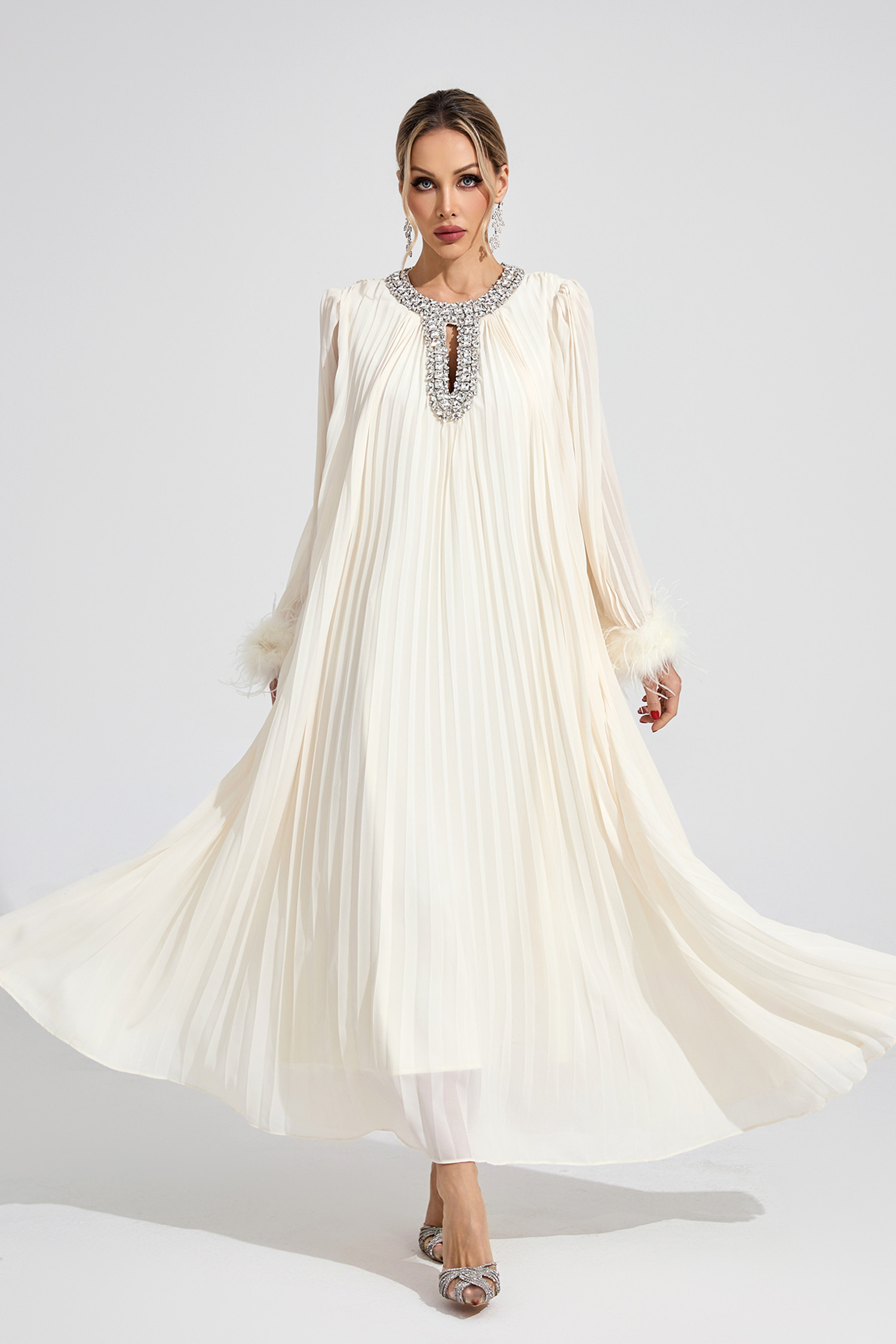 Jocasta Apricot Feather Maxi Dress