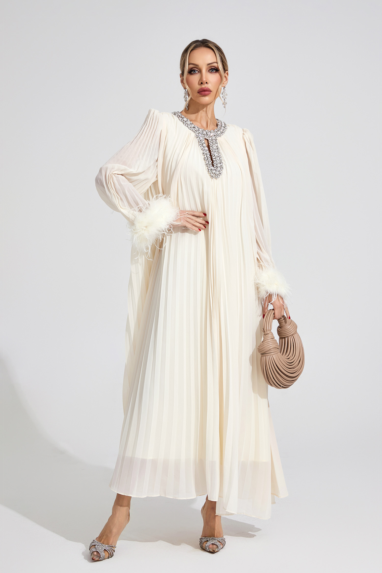 Jocasta Apricot Feather Maxi Dress