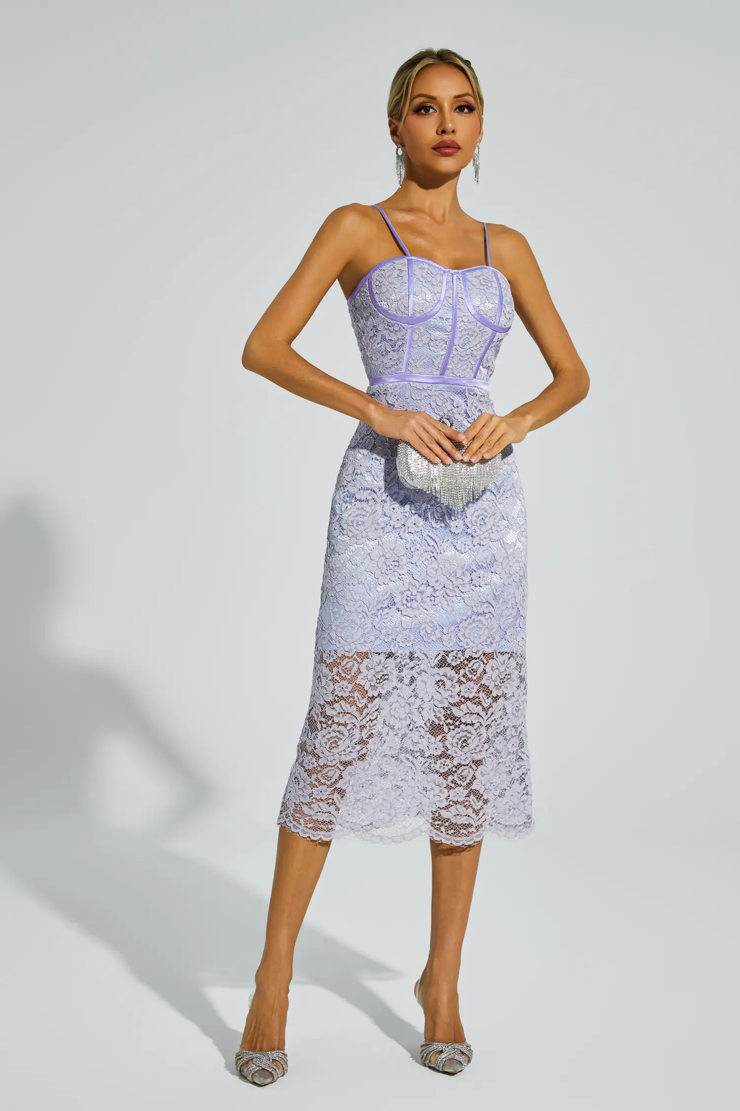 Purple lace midi dress best sale