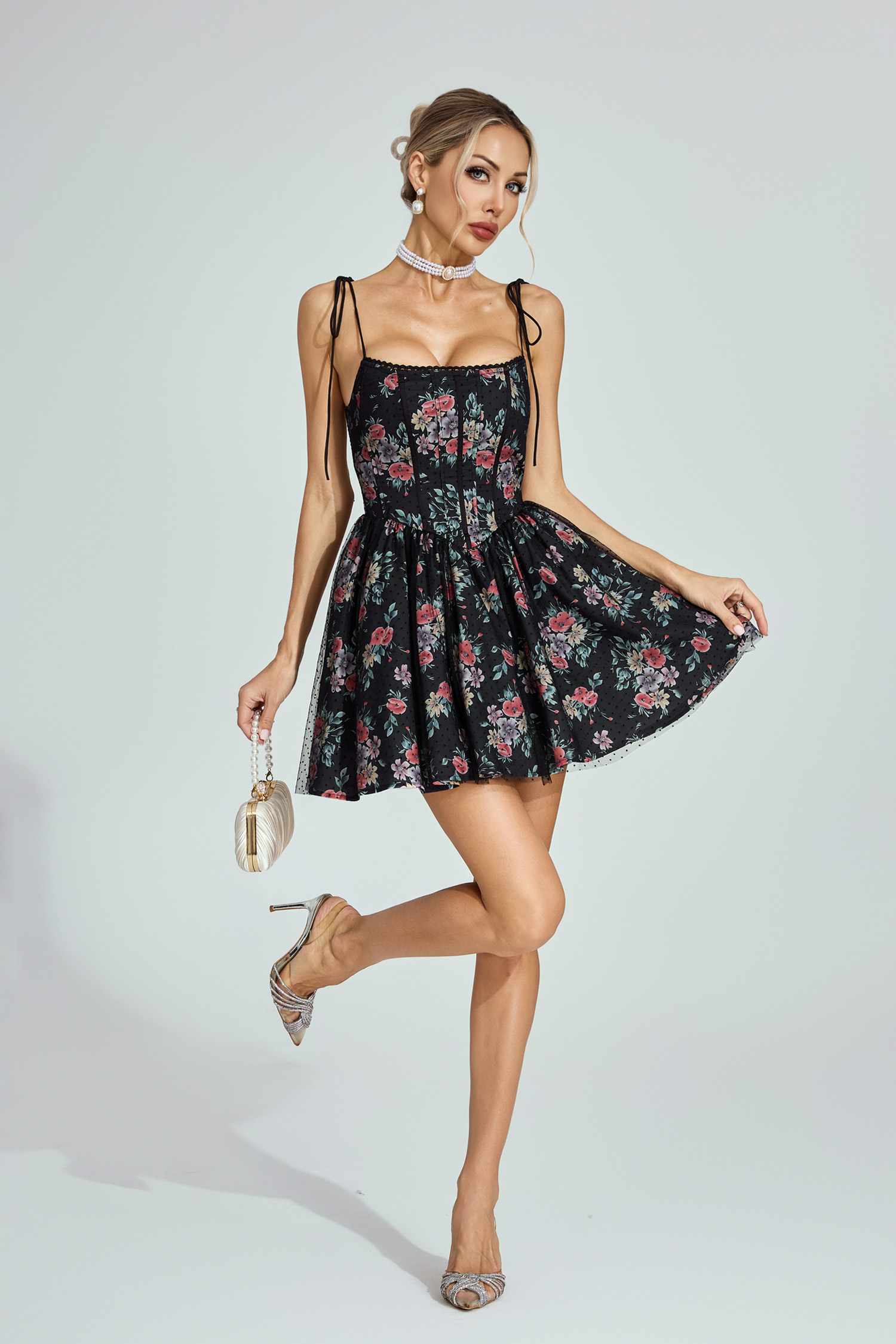 Johnson Black Floral Tulle Mini Dress