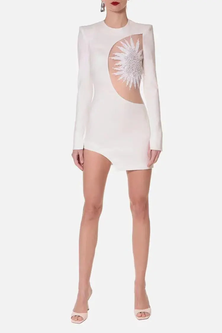 Jordyn White Mesh Stitching Bandage Mini Dress-CATCHALL