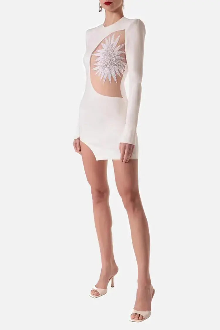 Jordyn White Mesh Stitching Bandage Mini Dress-CATCHALL