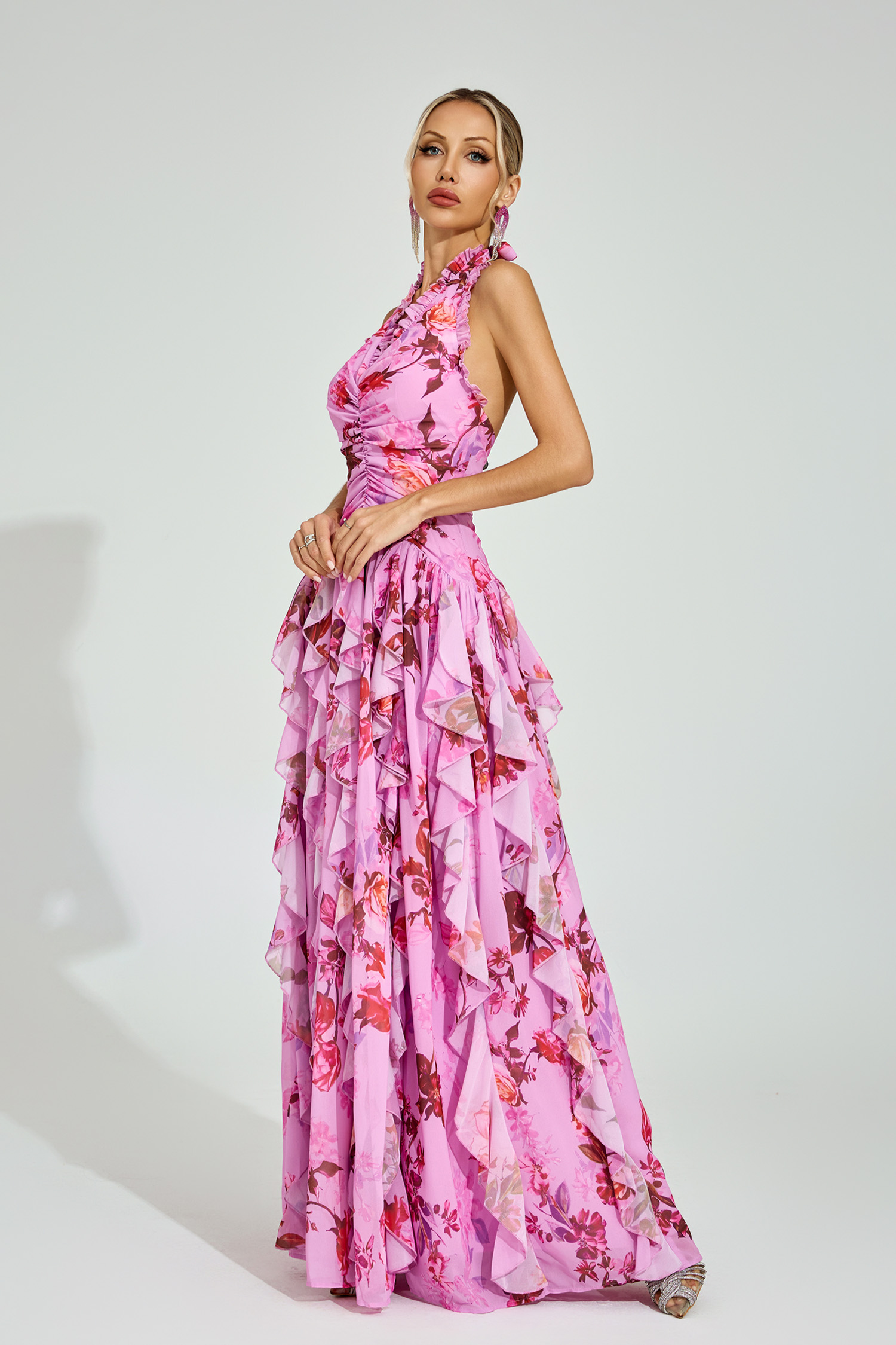 ワンピース Rose muse pleats floral print dress pink Josh Pink Floral Halter Maxi Dress