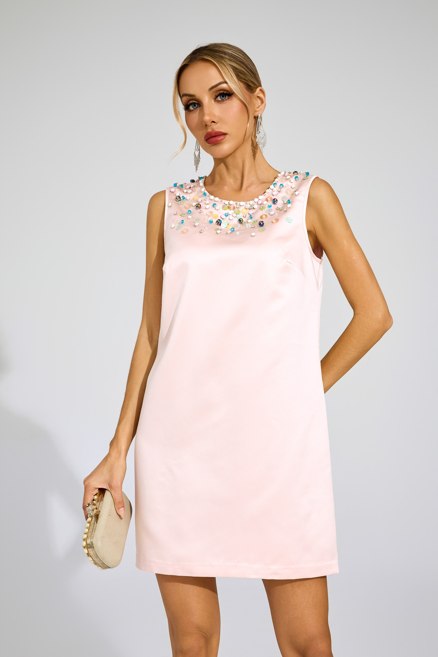 Judson Pink Pearl Embellished Satin Dress