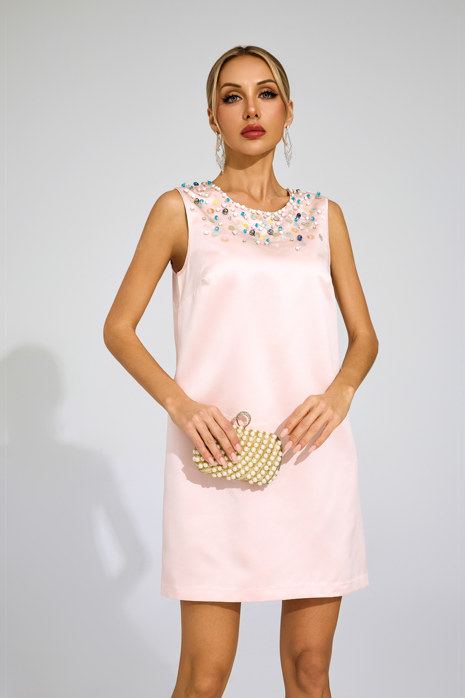 Judson Pink Pearl Embellished Satin Dress