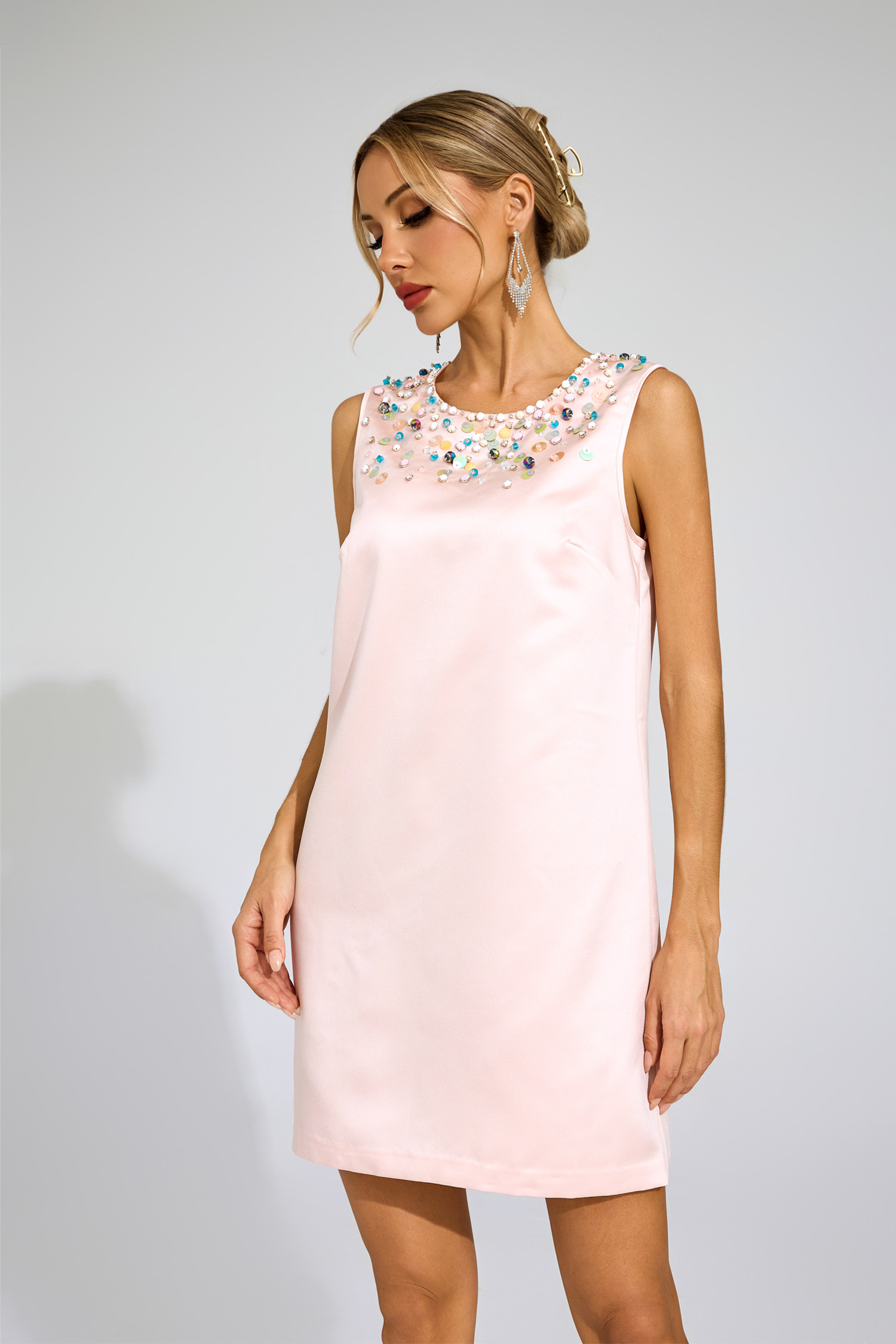 Judson Pink Pearl Embellished Satin Dress