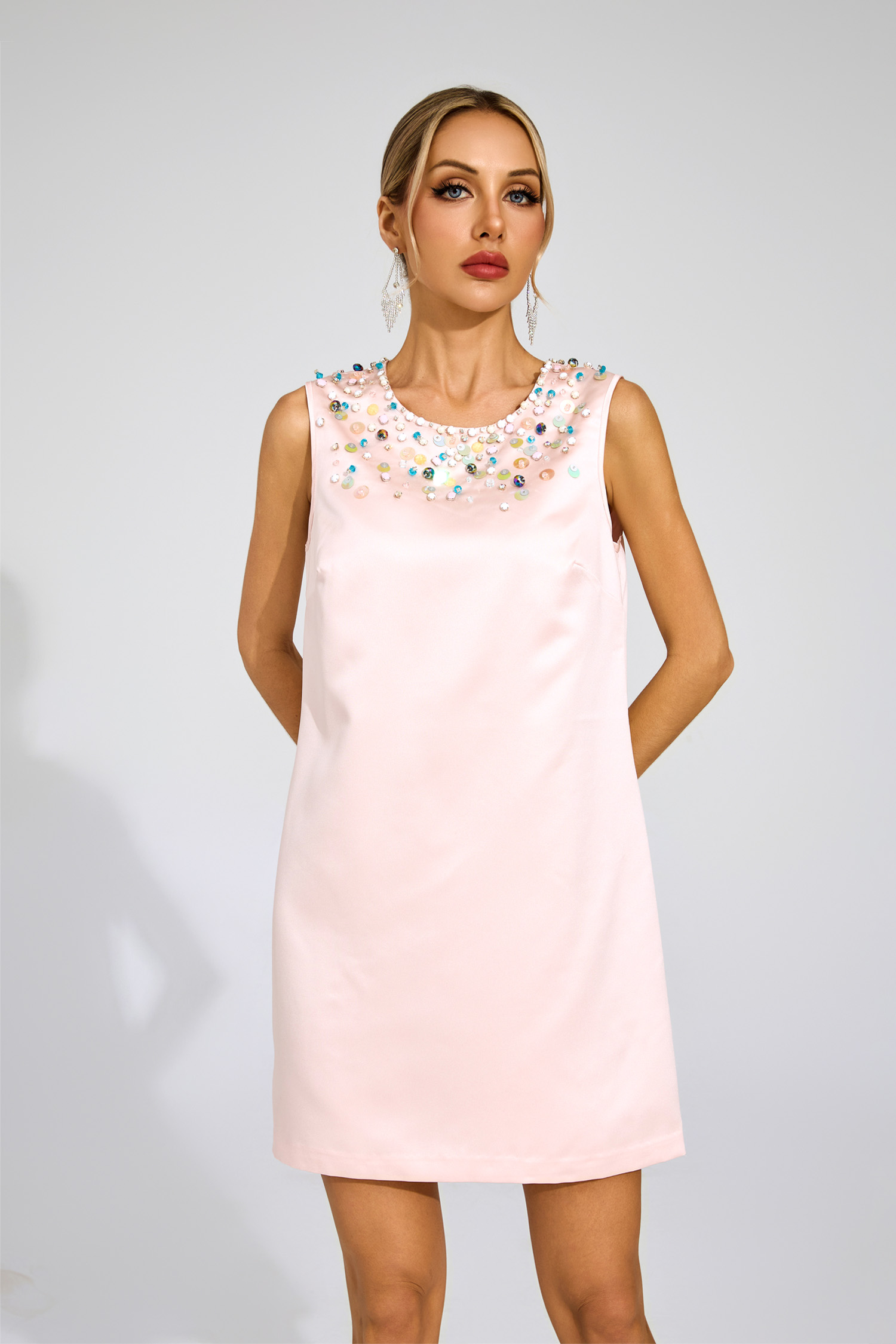 Judson Pink Pearl Embellished Satin Dress
