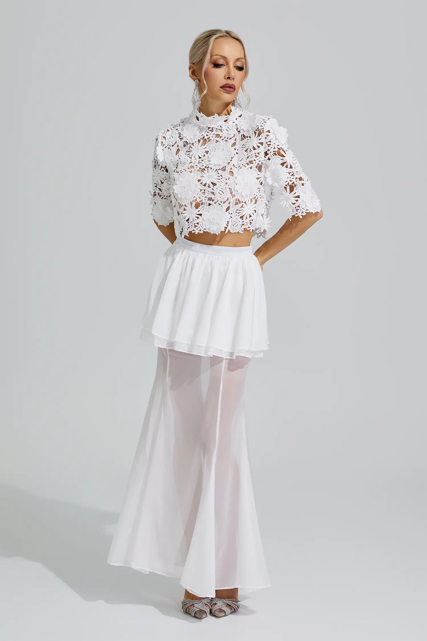 Juno White Hollow Out Lace Fishtail Set