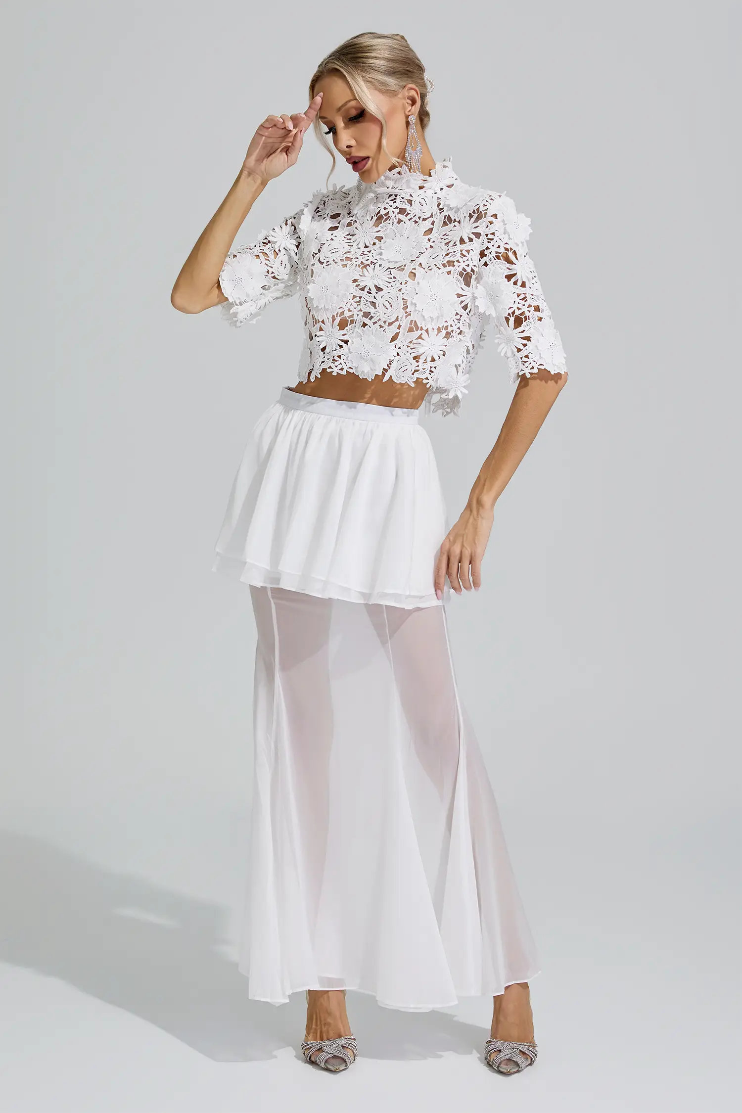 Juno White Hollow Out Lace Fishtail Set