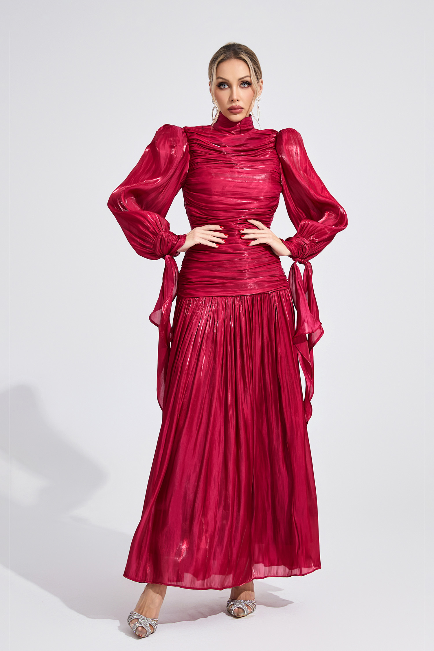 Kaelen Wine Red Pleated Maxi Dress