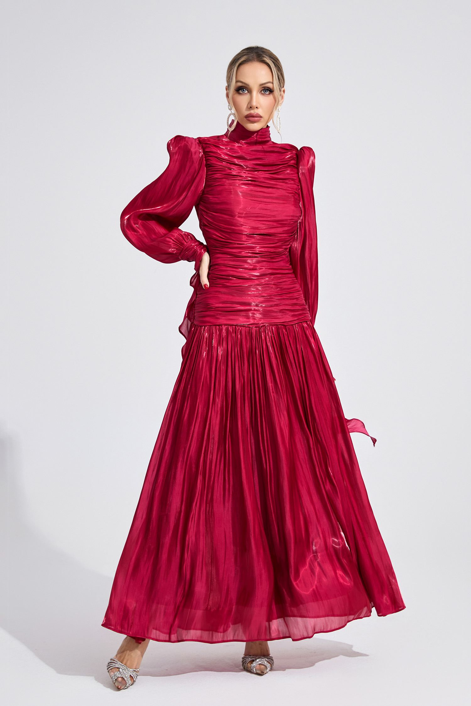 Kaelen Wine Red Pleated Maxi Dress