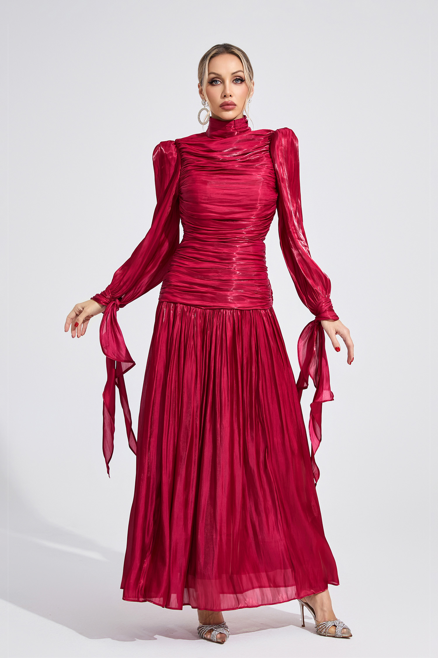 Kaelen Wine Red Pleated Maxi Dress