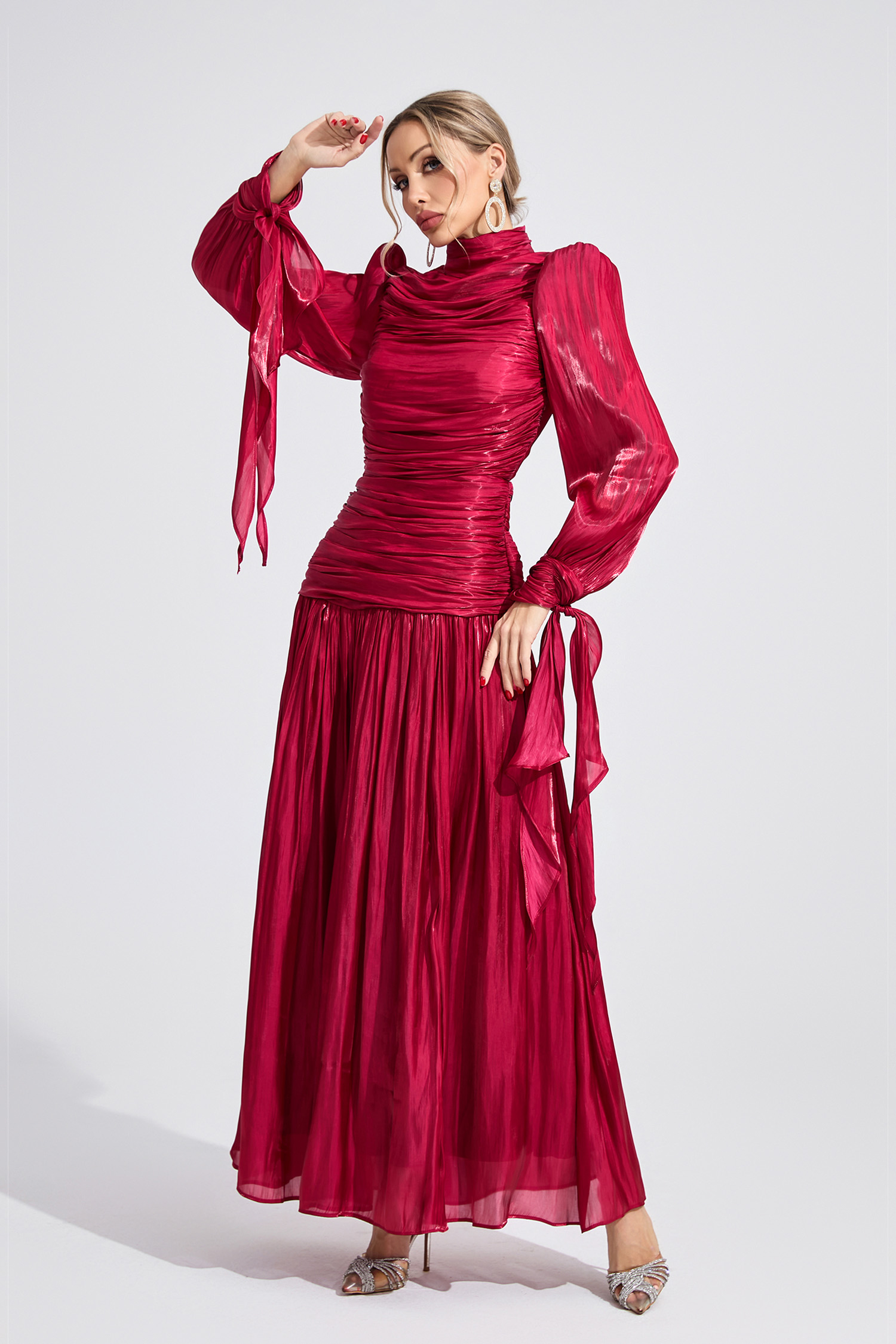 Kaelen Wine Red Pleated Maxi Dress