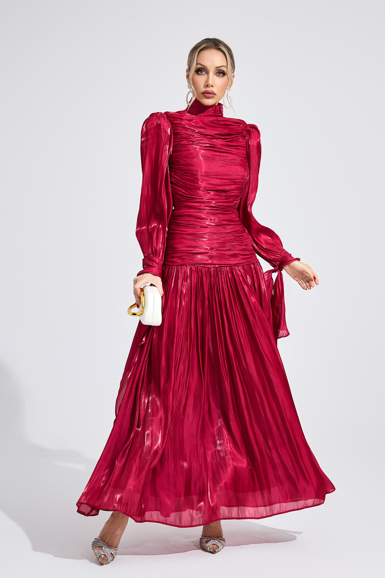 Kaelen Wine Red Pleated Maxi Dress