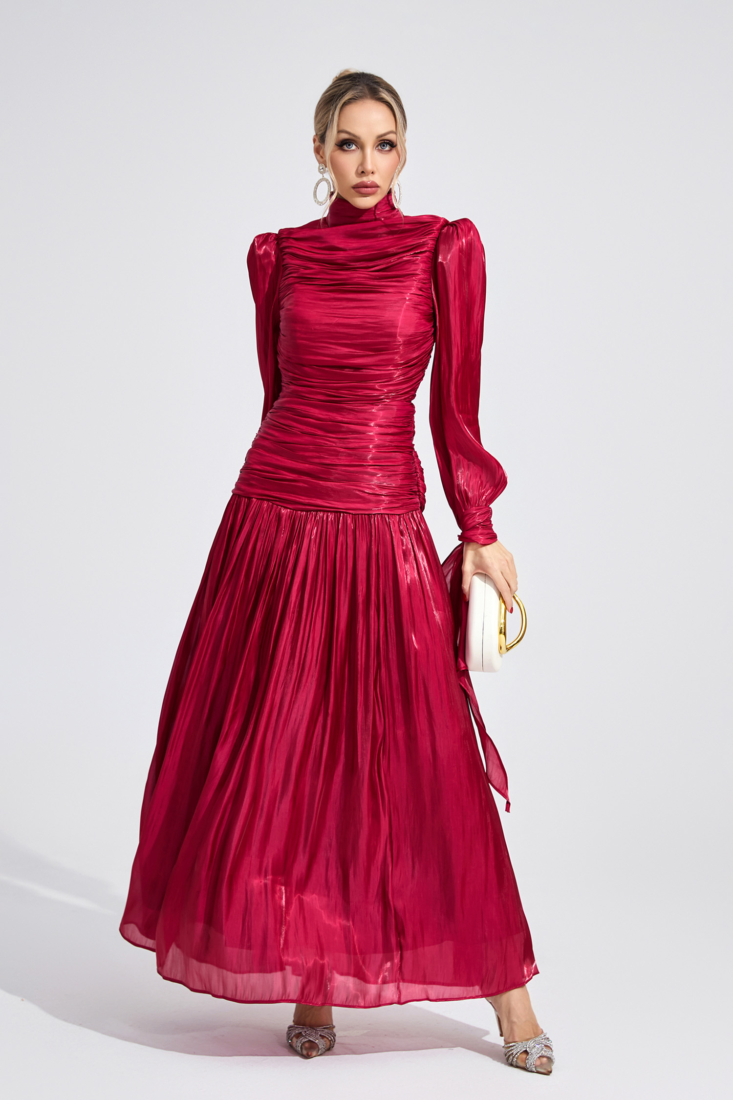 Kaelen Wine Red Pleated Maxi Dress