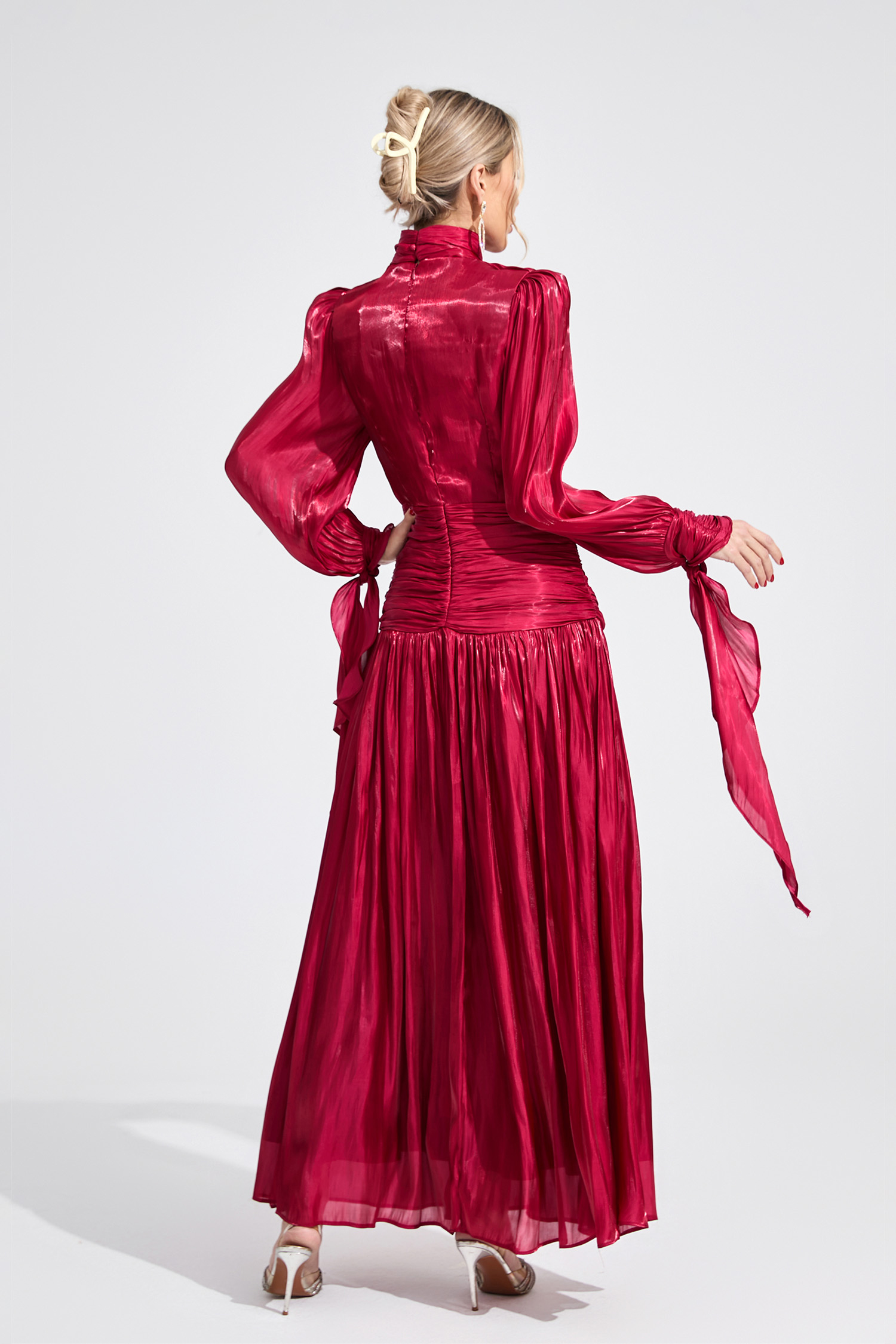 Kaelen Wine Red Pleated Maxi Dress