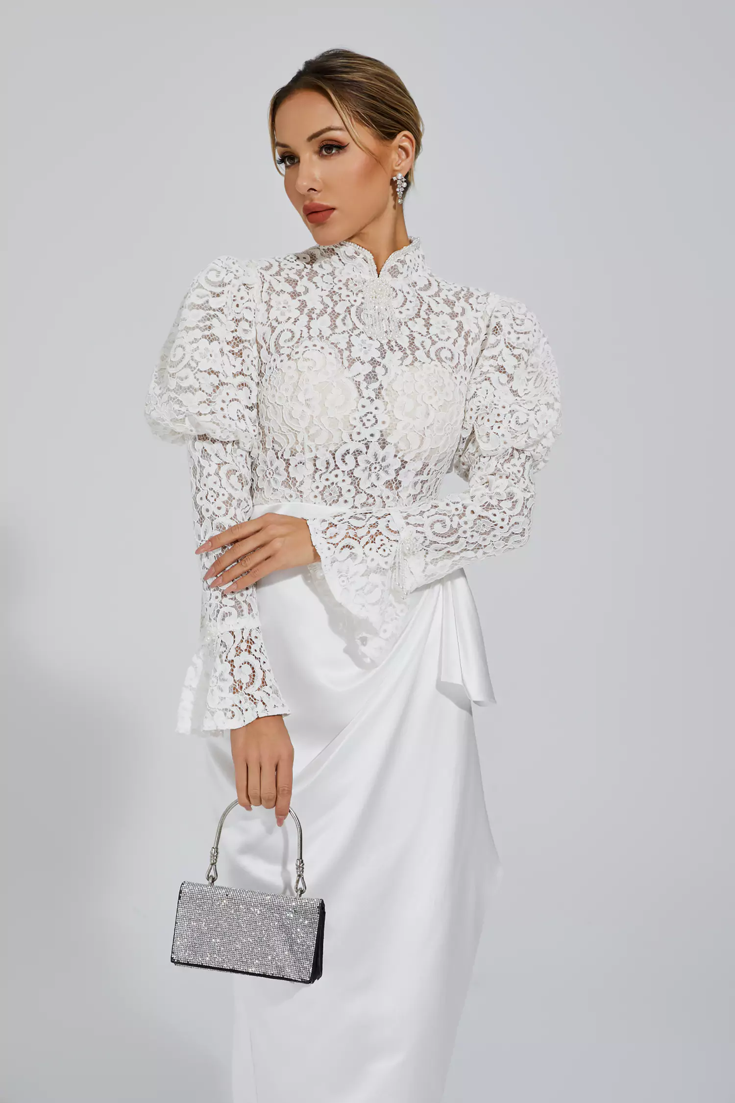 Kailey White Lace  Bubble Sleeve Midi Dress