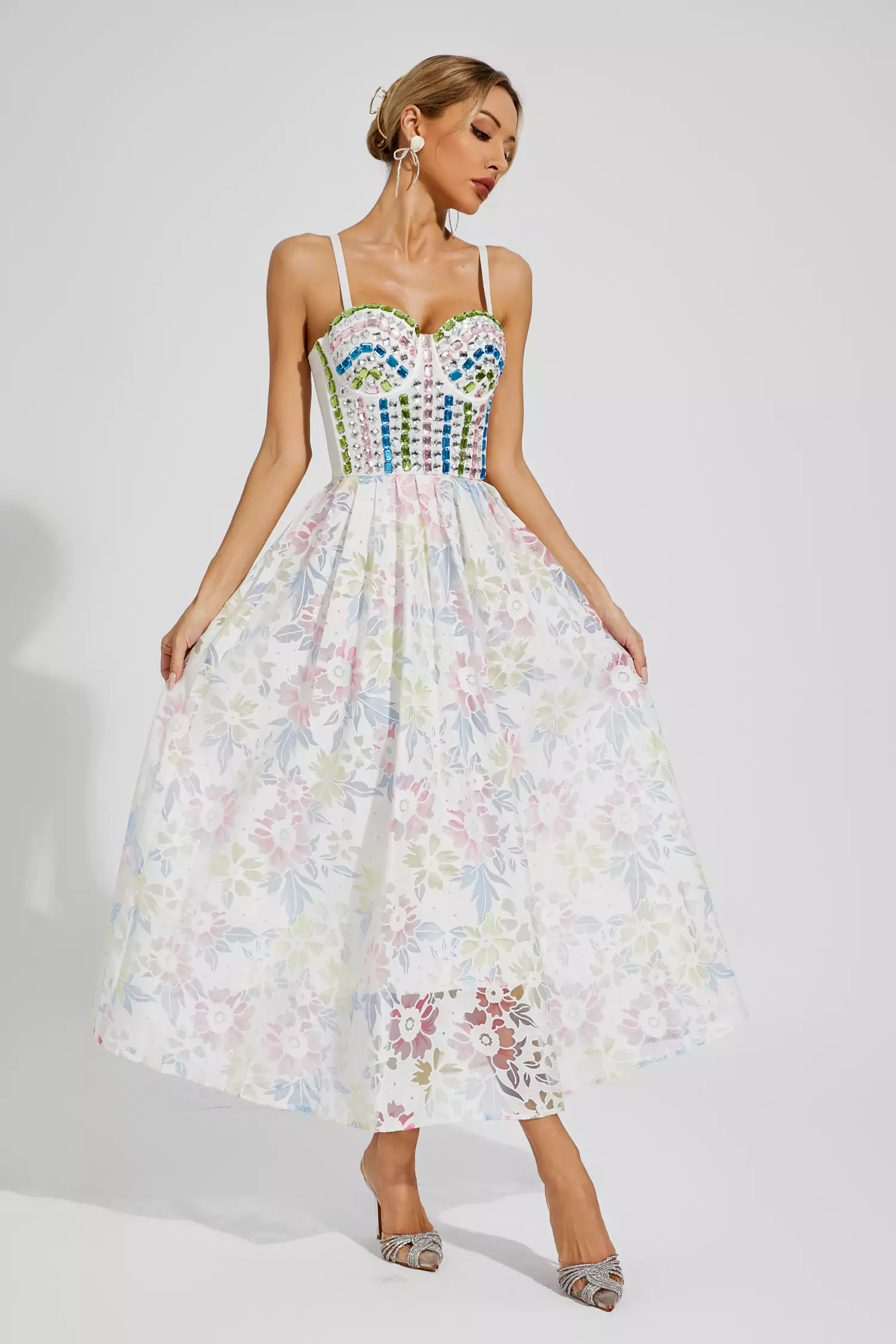 Kairi White Embellished Midi Slip Dress-CATCHALL
