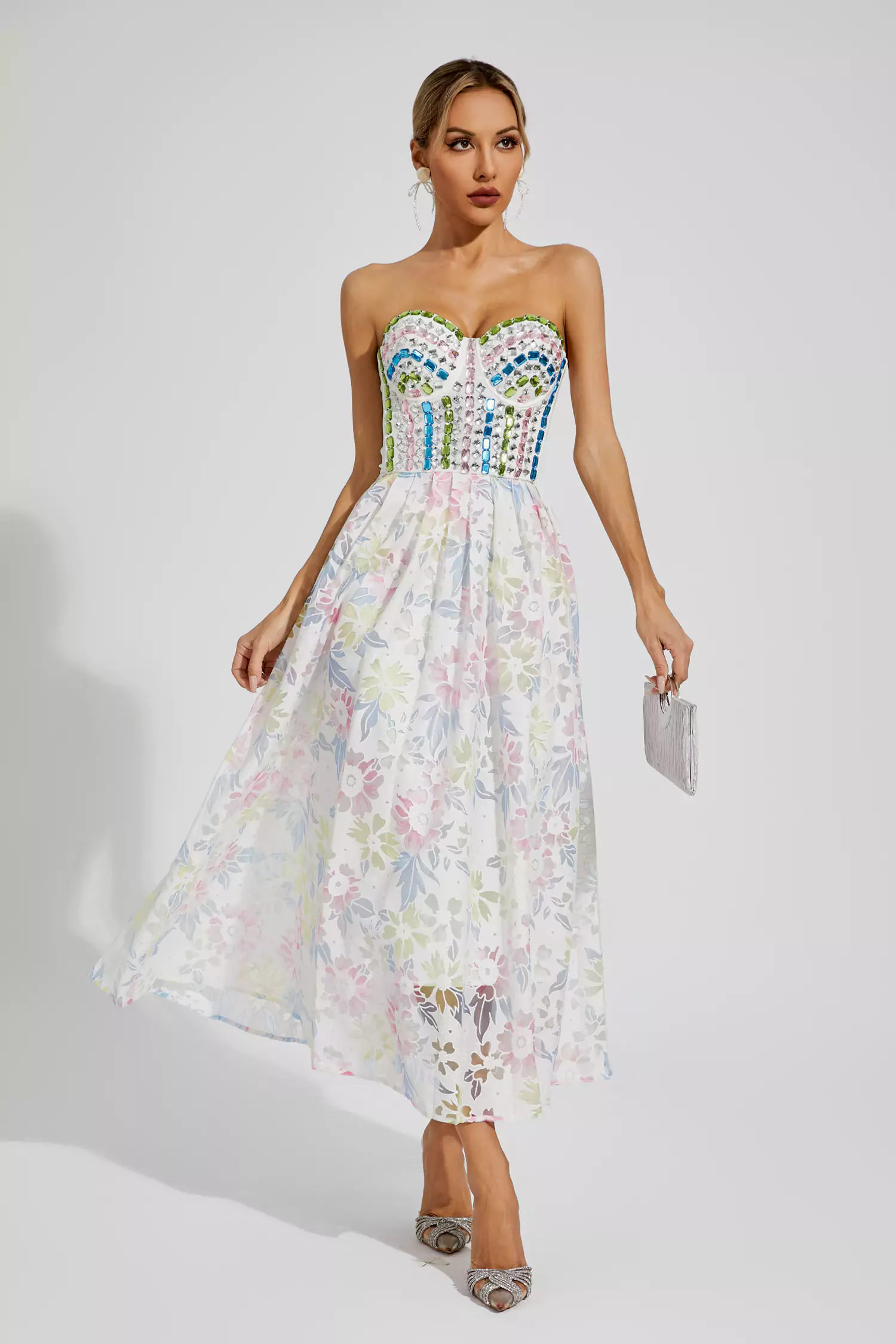 Kairi White Embellished Midi Slip Dress-CATCHALL