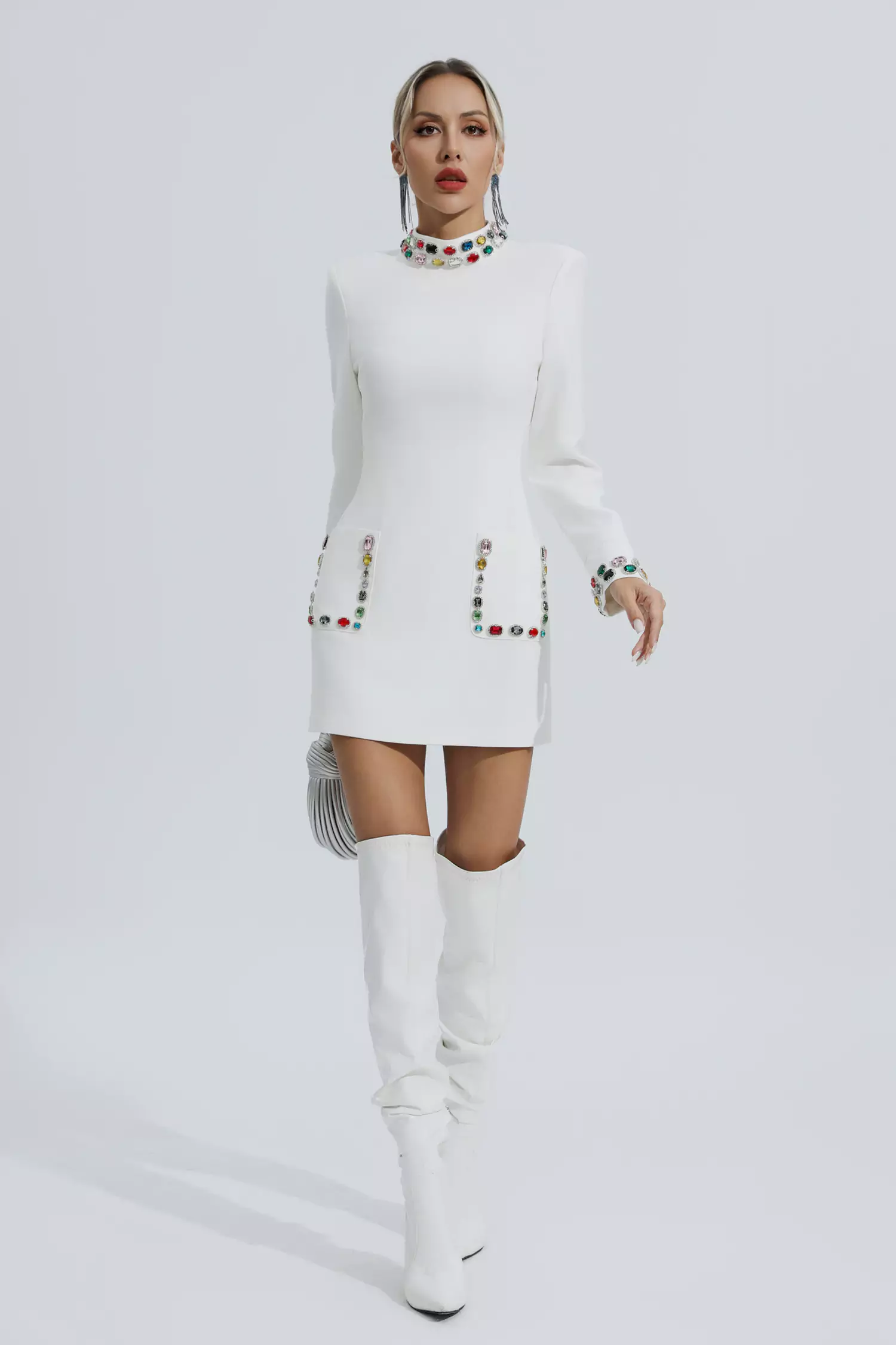 Karina White Diamond Embellishment Mini Dress-CATCHALL