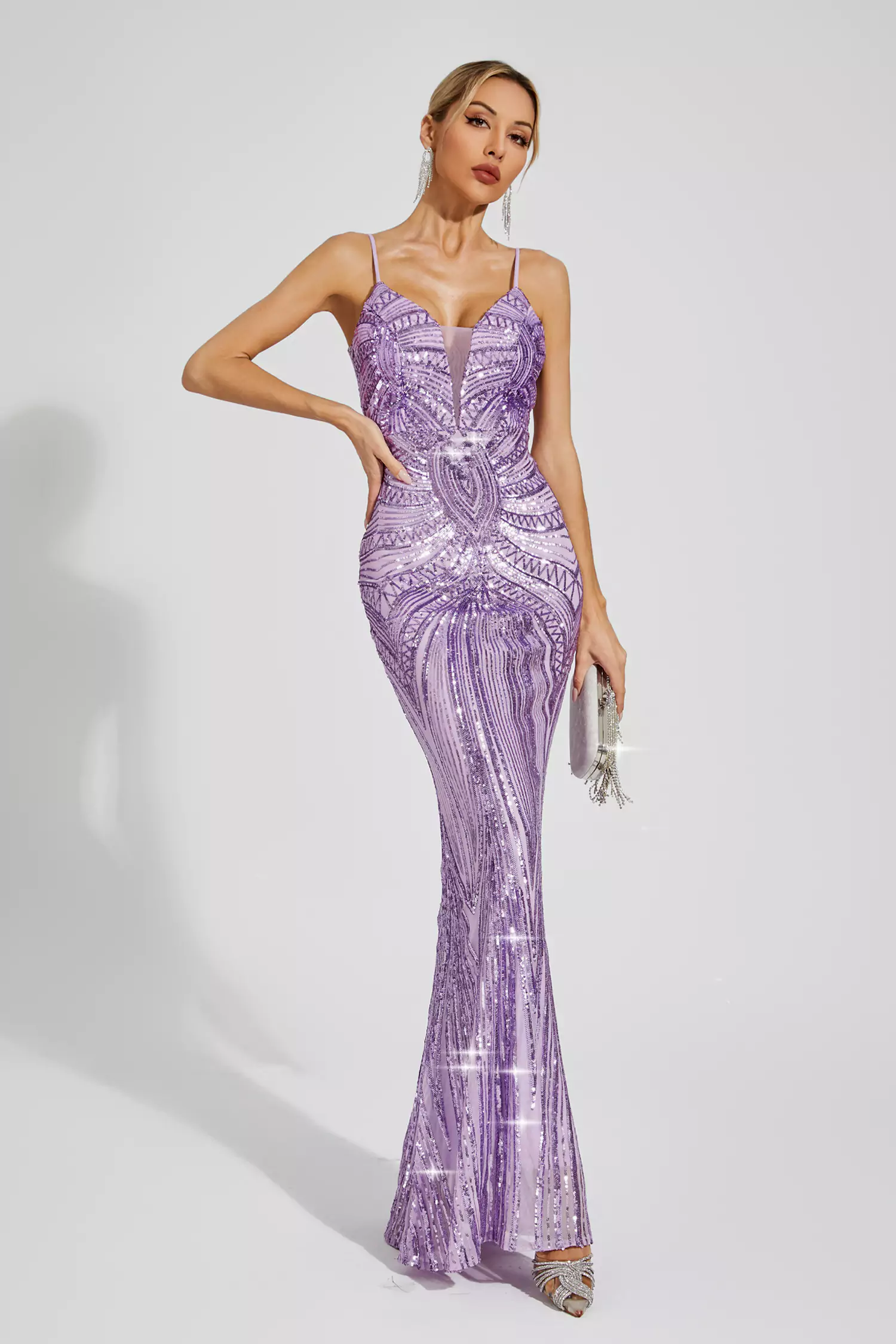 Karter Purple Mermaid Sequins Slip Dress-CATCHALL
