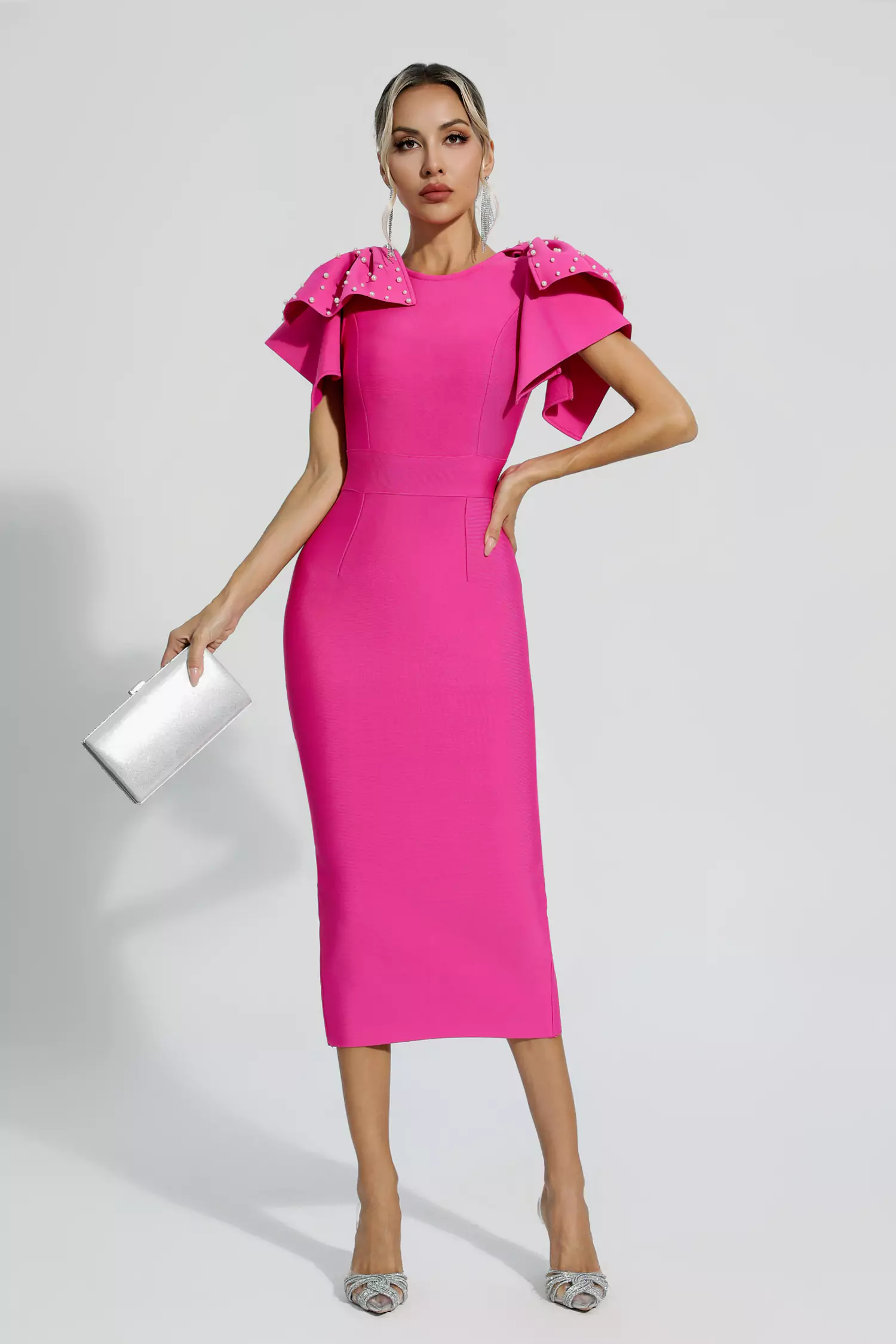 Kassidy Rose Red Knitted Embellished Midi Dress-CATCHALL