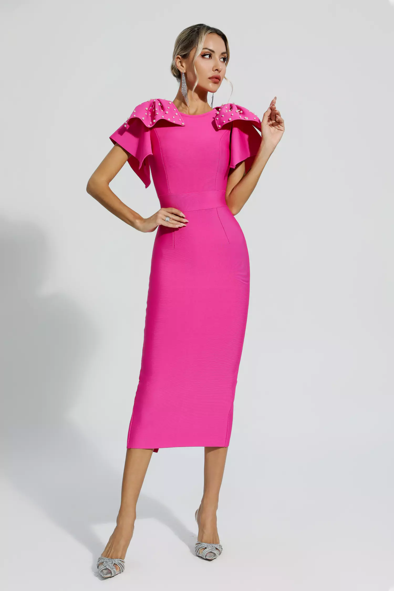 Kassidy Rose Red Knitted Embellished Midi Dress-CATCHALL