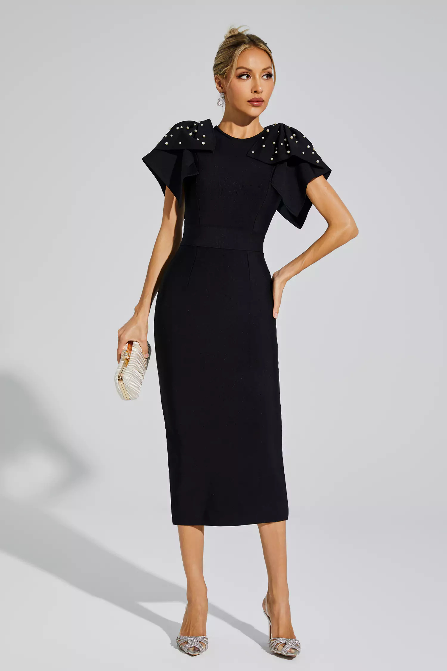 Kassidy Black Knitted Embellished Midi Dress-CATCHALL
