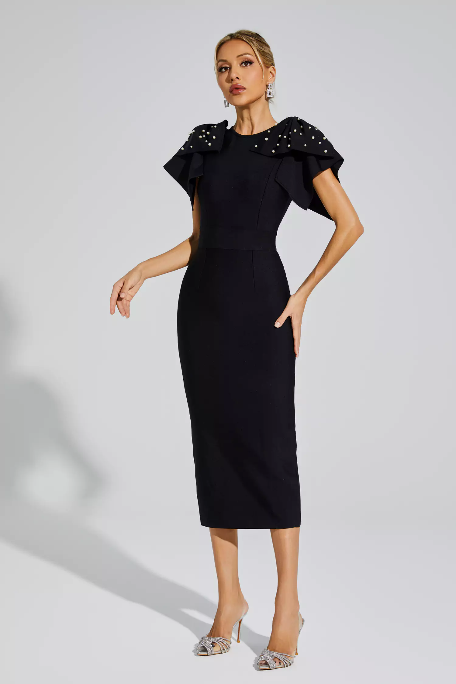 Kassidy Black Knitted Embellished Midi Dress-CATCHALL
