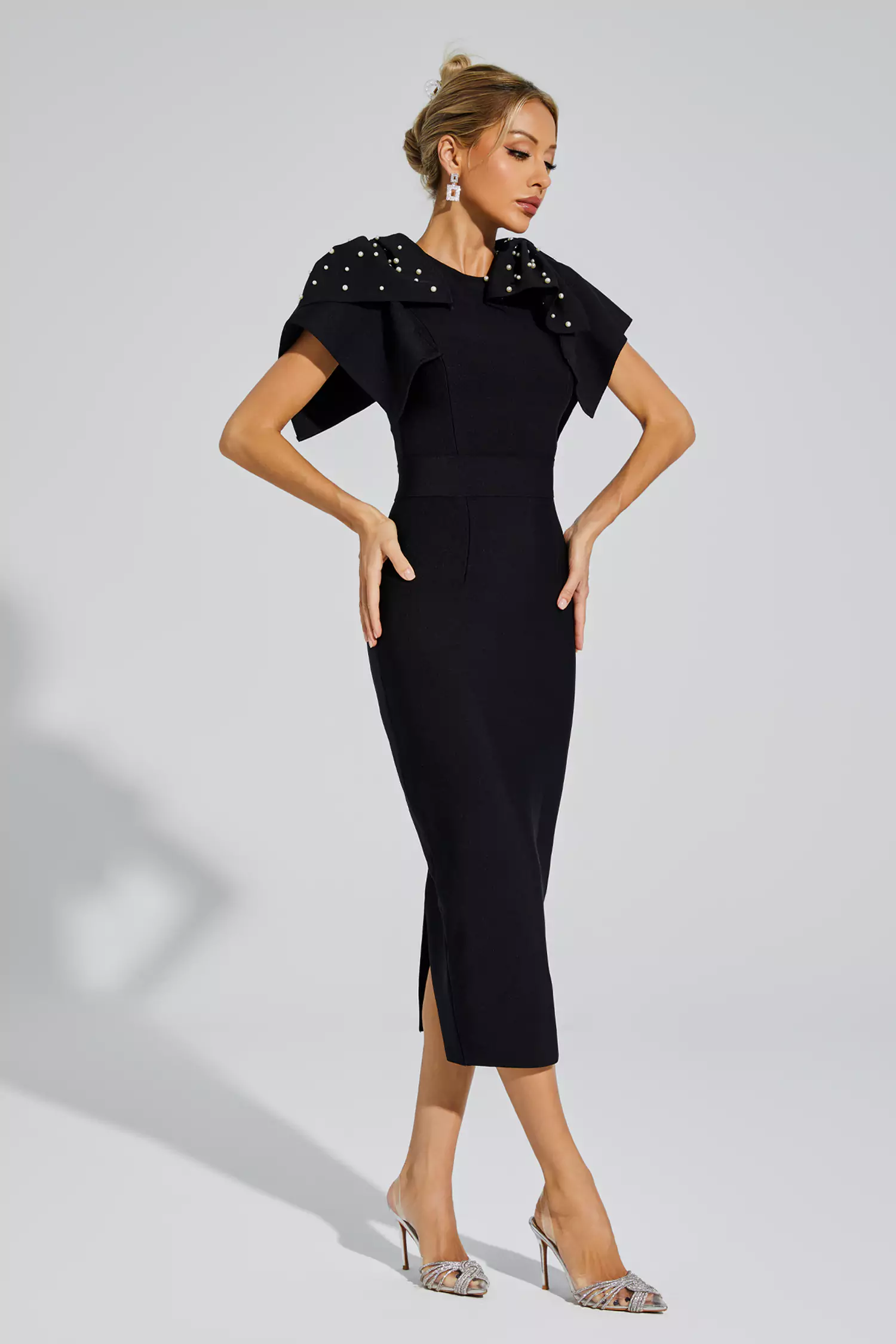 Kassidy Black Knitted Embellished Midi Dress-CATCHALL